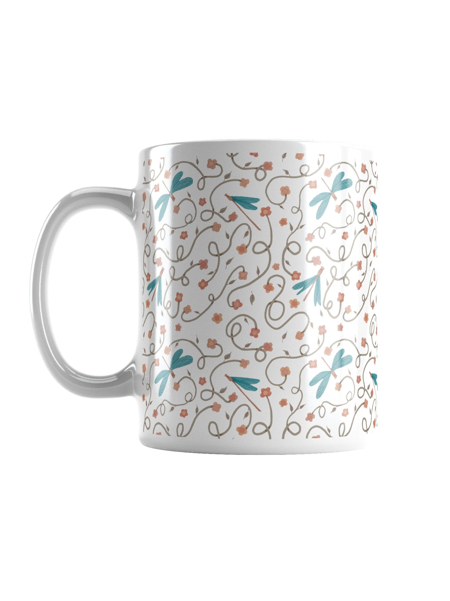 White glossy mug with dragonfly and floral pattern. Artistic nature inspired design product image (1)