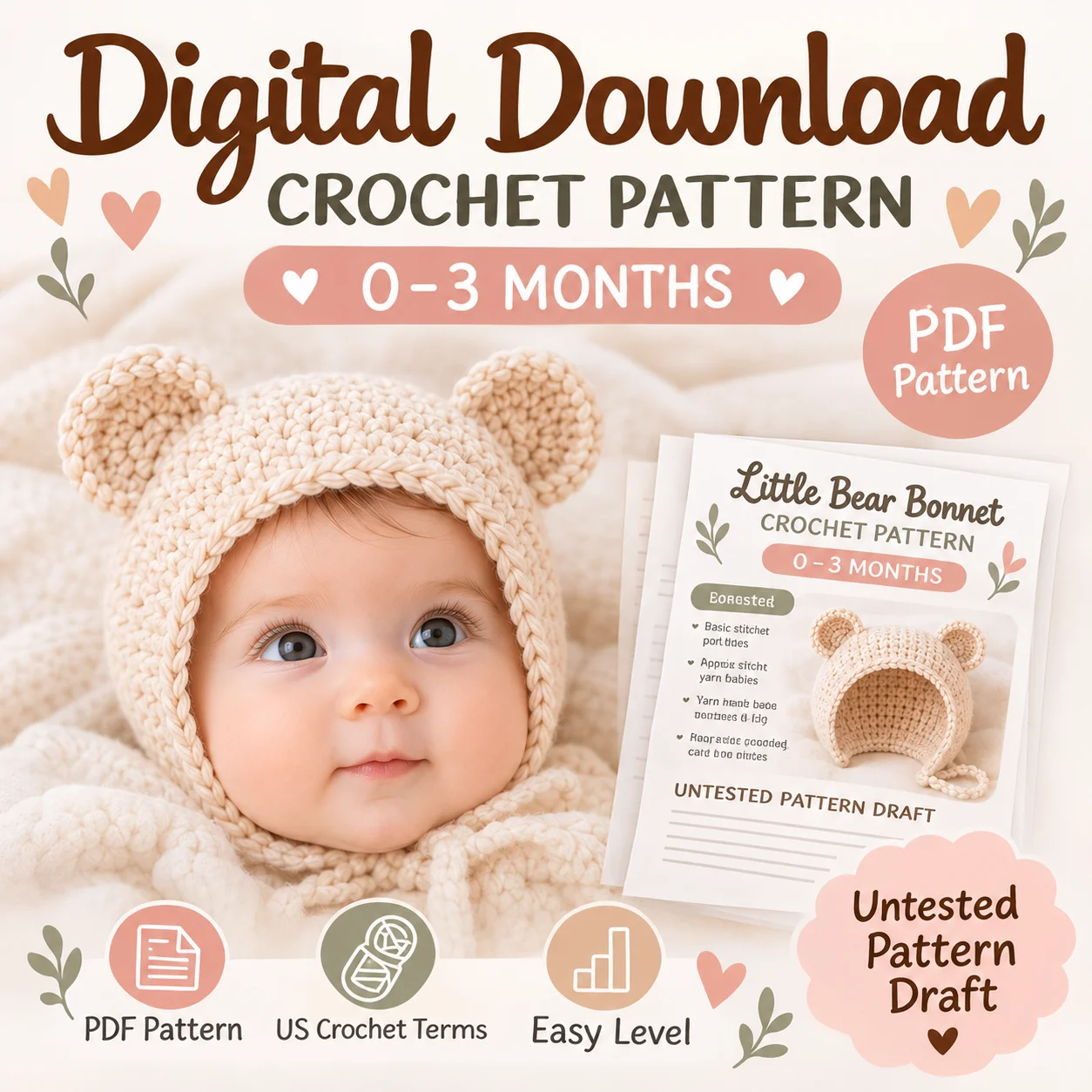 Baby Bear Bonnet Crochet Pattern PDF | 0–3 Months | Bear Ear Baby Hat product image (6)