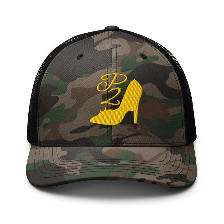 Poised Princess Otto Cap — Camouflage Trucker with Yellow Heel Emblem product image (1)