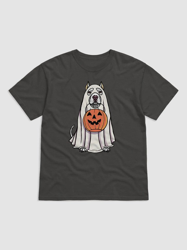 Funny Halloween Pitbull Terrier(Cropped Ears) T-Shirt | Funny Pittie Wearing a Ghost Costume and Holding a Pumpkin Basket product image (1)