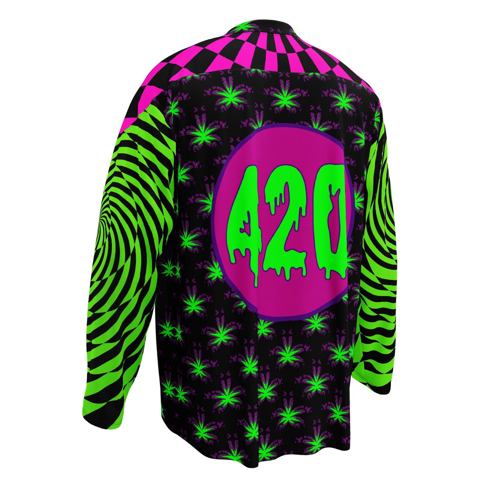 Twisted 420 Weed Rave Hockey Jersey, Psychedelic Spiral EDM Festival Shirt, Pot Leaf Trippy Techno Top, Neon Green Pink Cannabis Clothing product image (4)