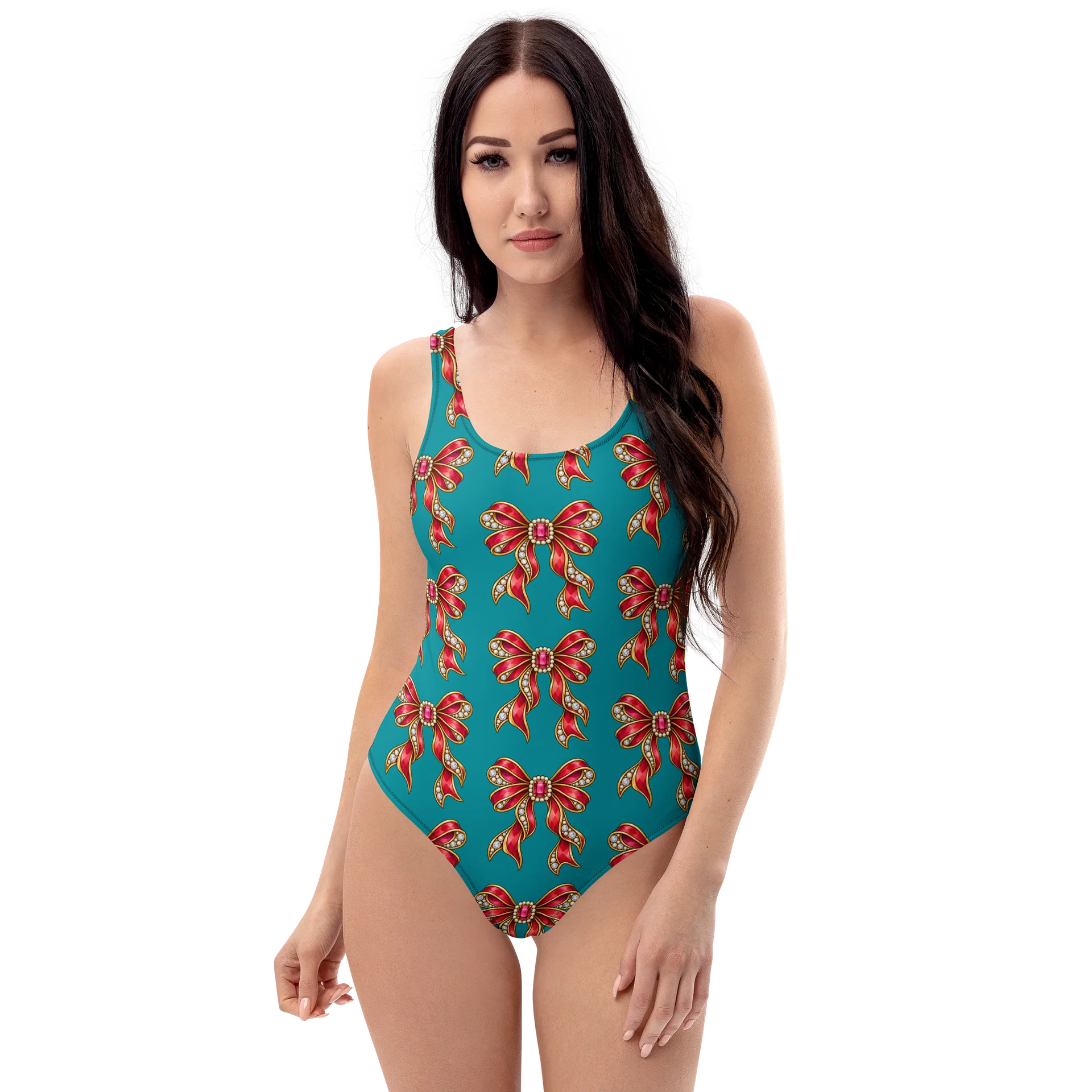 Teal Floral Bow All-Over Print Swimsuit product image (1)