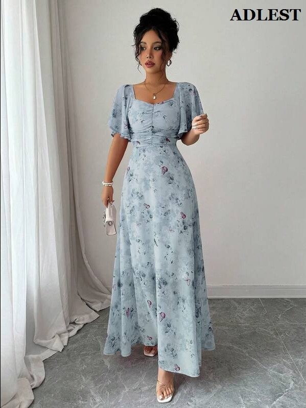 ADLEST | Modelyn Women Chiffon Butterfly Print Batwing Sleeve Drawstring Sweet French Style Mini Dress, Summer product image (2)