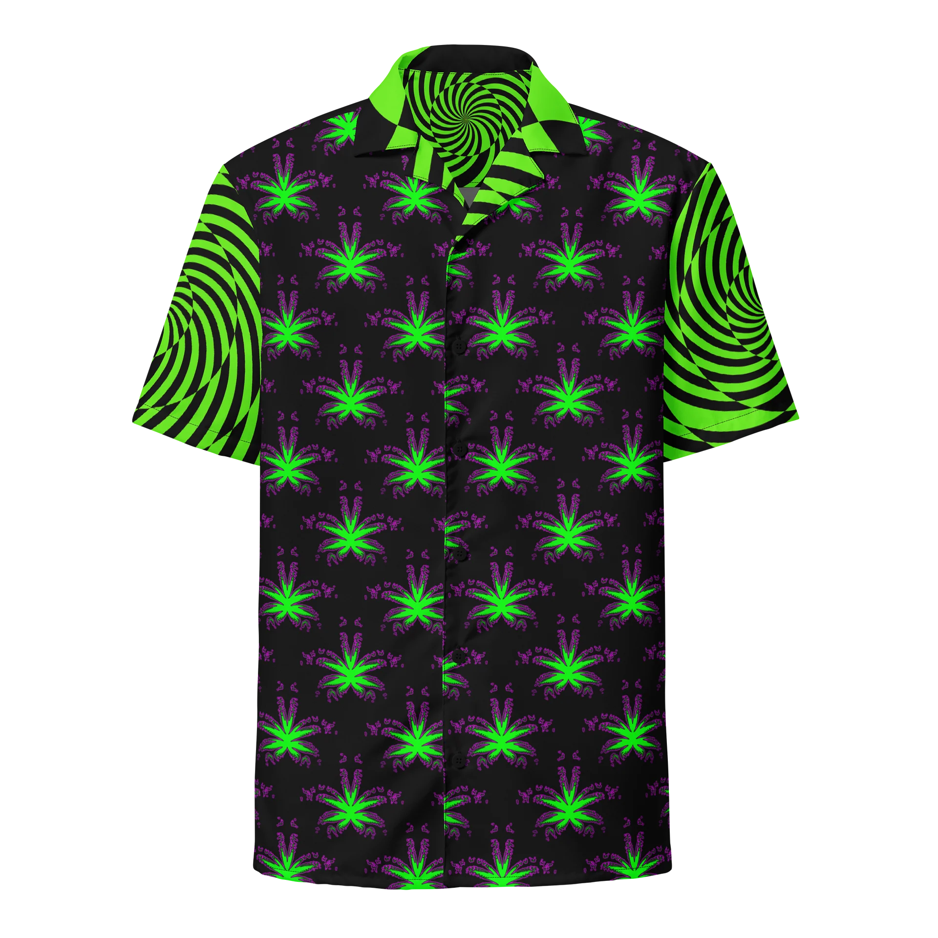 Retro Raver Stoner Button Shirt, Psychedelic Spiral Cannabis Clothes, Trippy Pot Leaf Art 420 Top, Black Neon Green Weird Weed EDM Rave Wear product image (1)