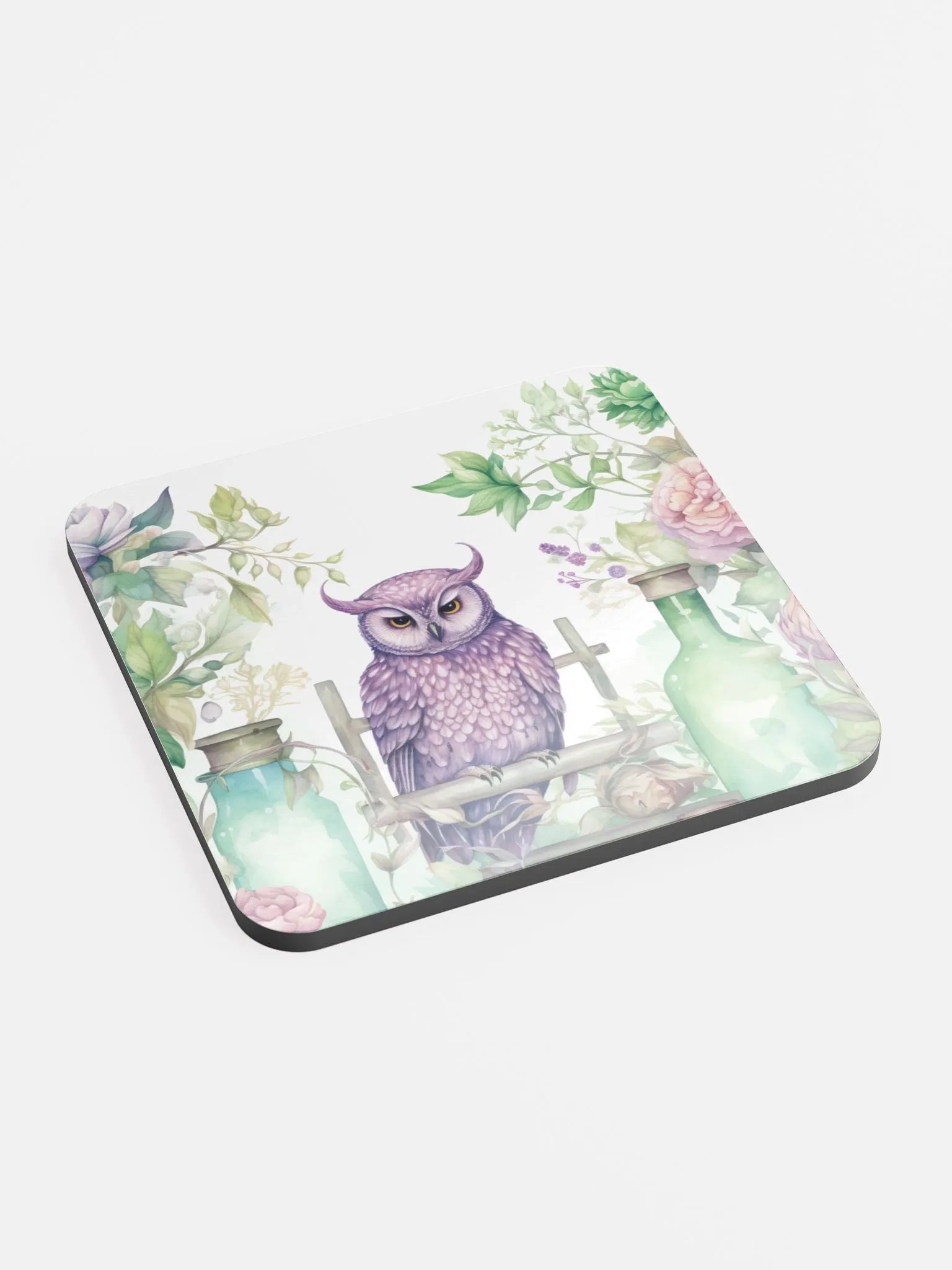 Glossed Cork Coaster 🦉 Peaceful Soft Green Theme - Owls Vibes - Motif 1 product image (2)