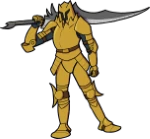 a knight in yellow plate armor rests their sword across their shoulders.