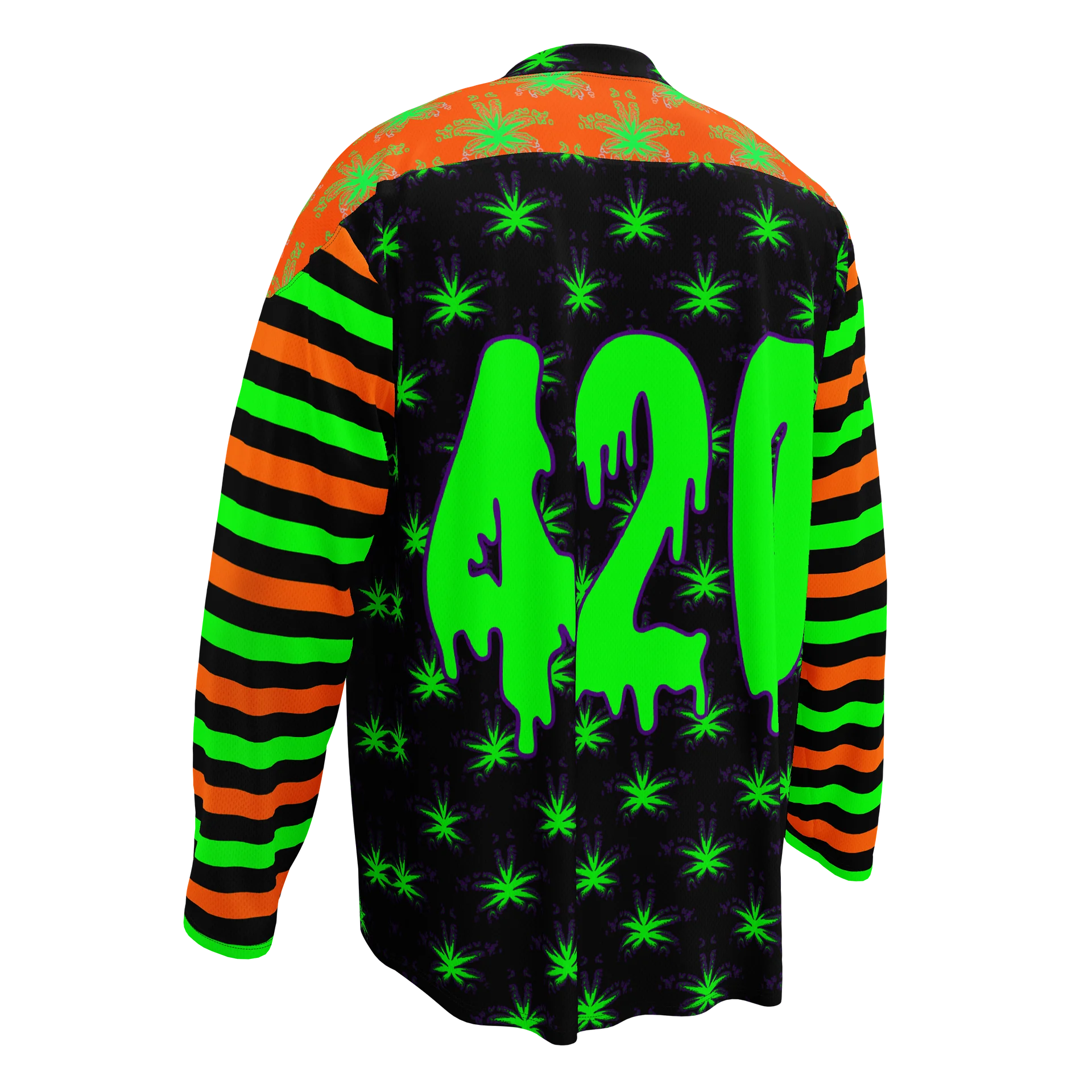420 Halloween Hockey Jersey, Creepy Cannabis Clothes, Weed Leaf Fall Festival Fashion, Stoner Rave Stripe Shirt, Orange Black Green EDM Wear product image (5)