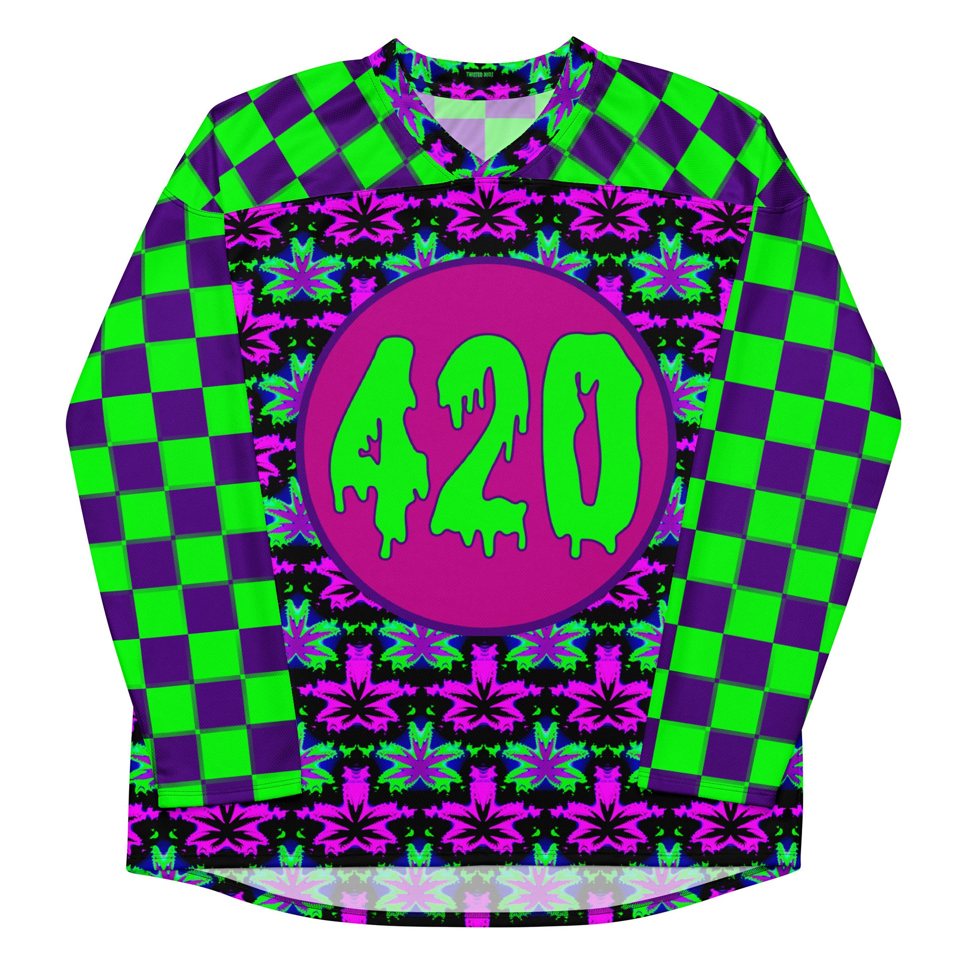 Cannabis Rave 420 Hockey Jersey, Clowncore Checkers Stoner Shirt, Pot Leaf EDM Festival Fashion, Neon Twisted Techno Dance Party Weed Top product image (6)