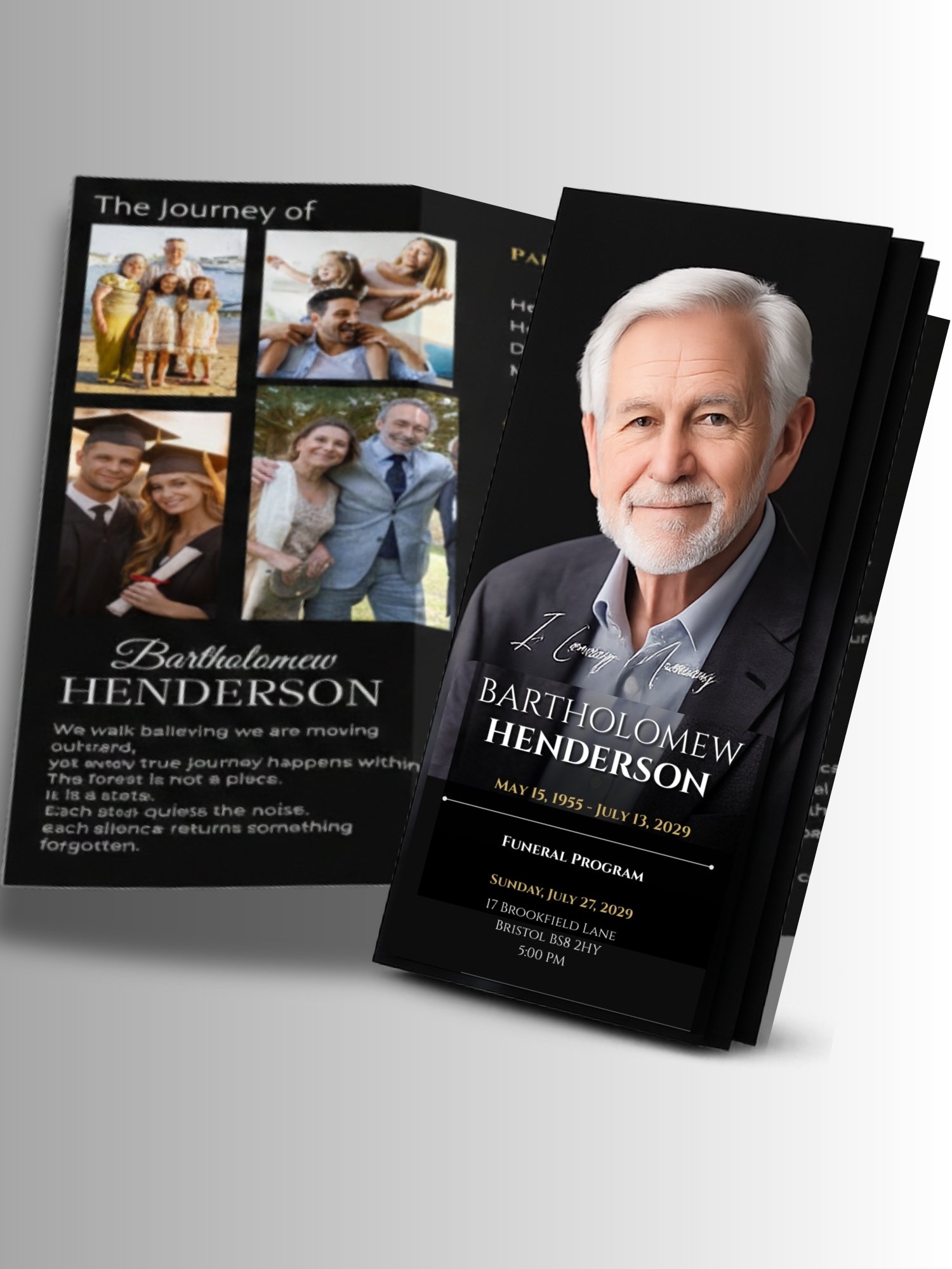Celebration of Life Trifold for Men | Black & Gold Funeral Program, 6-Page US Letter Canva Template product image (3)