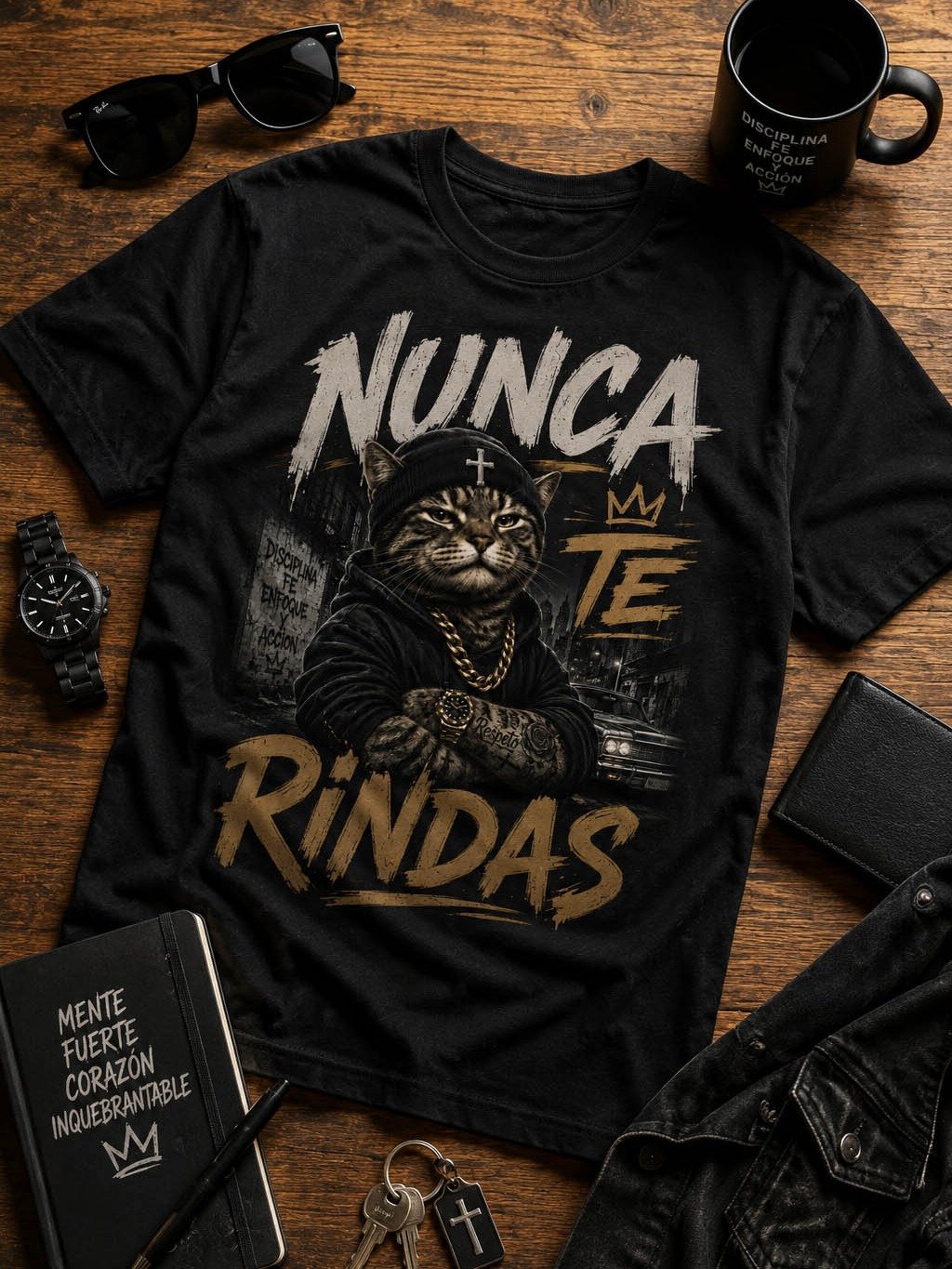 Camiseta Nunca Te Rindas – Diseño Urbano Streetwear de Gato Gangster Motivacional product image (1)