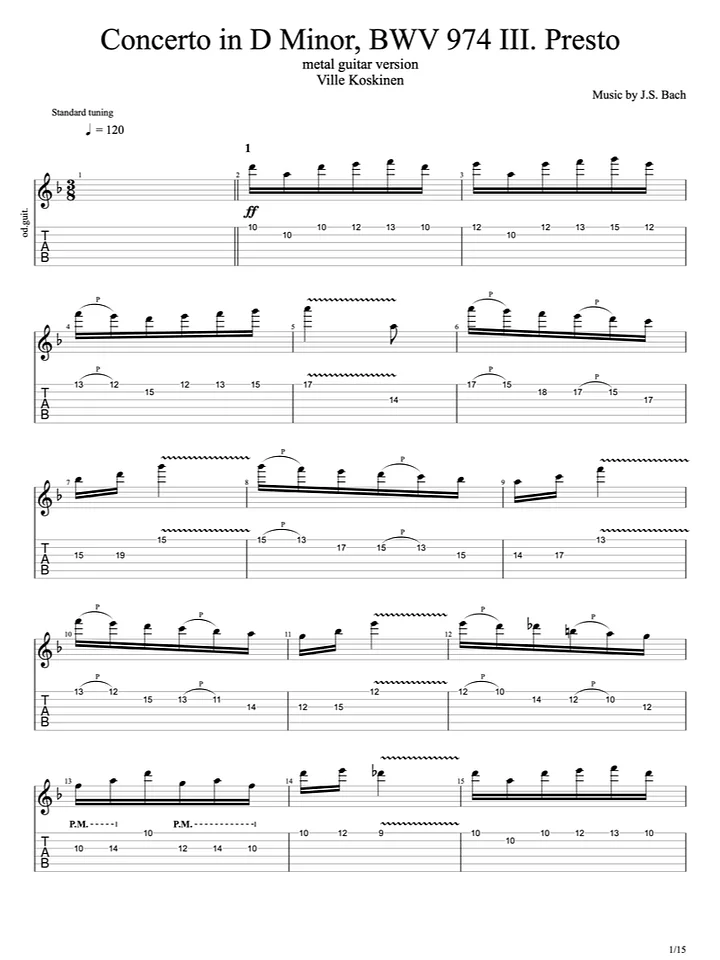 Concerto in D Minor, BWV 974 III. Presto (guitar tab + backing track) product image (1)