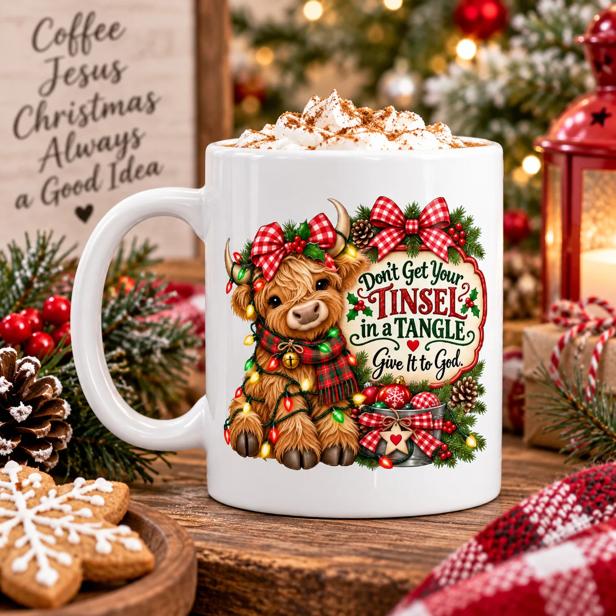 Funny Christian Christmas Mug | Highland Cow Tinsel Mug | Give It to God | Christmas Coffee Cup product image (1)