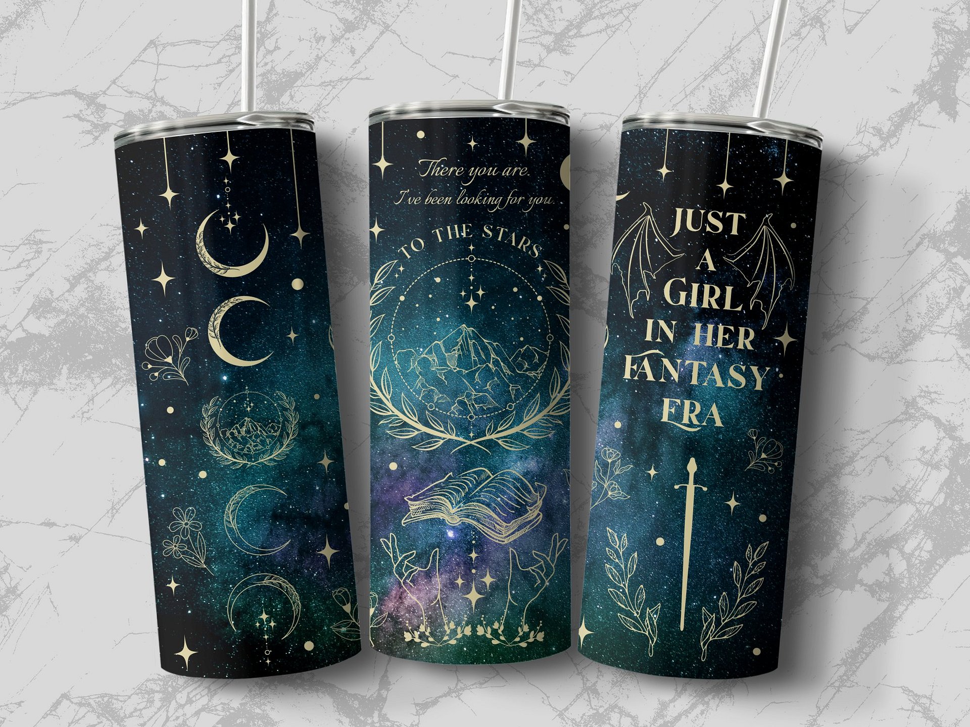 In Her Fantasy Era Galaxy Gold Line Art 20oz Straight Tumbler Seamless Wrap PNG, Bookish Smut Reader Series, Romantasy Romance Lover product image (4)