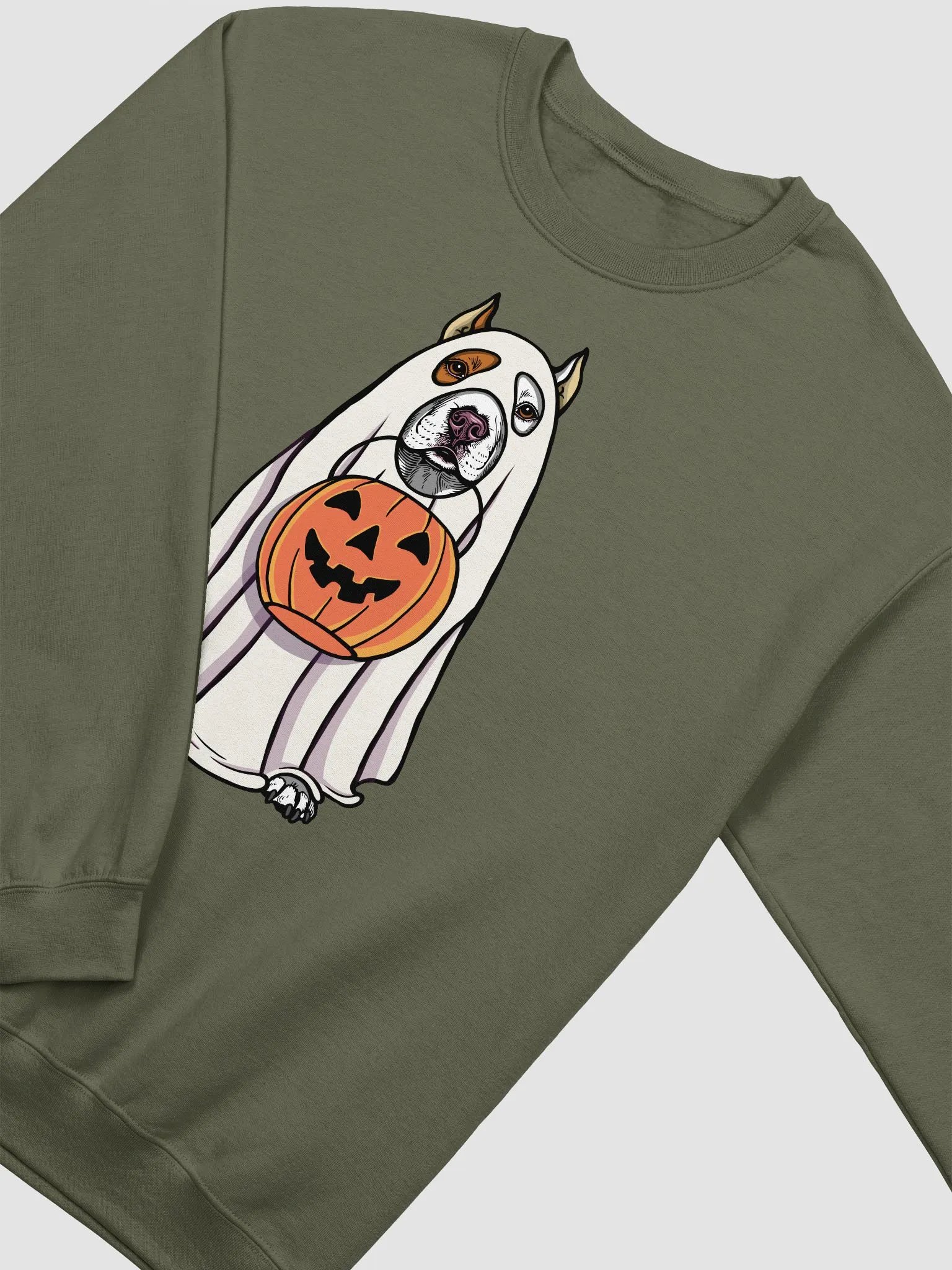 Funny Halloween Pitbull Terrier(Cropped Ears, White) Sweatshirt | Funny Pittie Wearing a Ghost Costume and Holding a Pumpkin Basket product image (4)