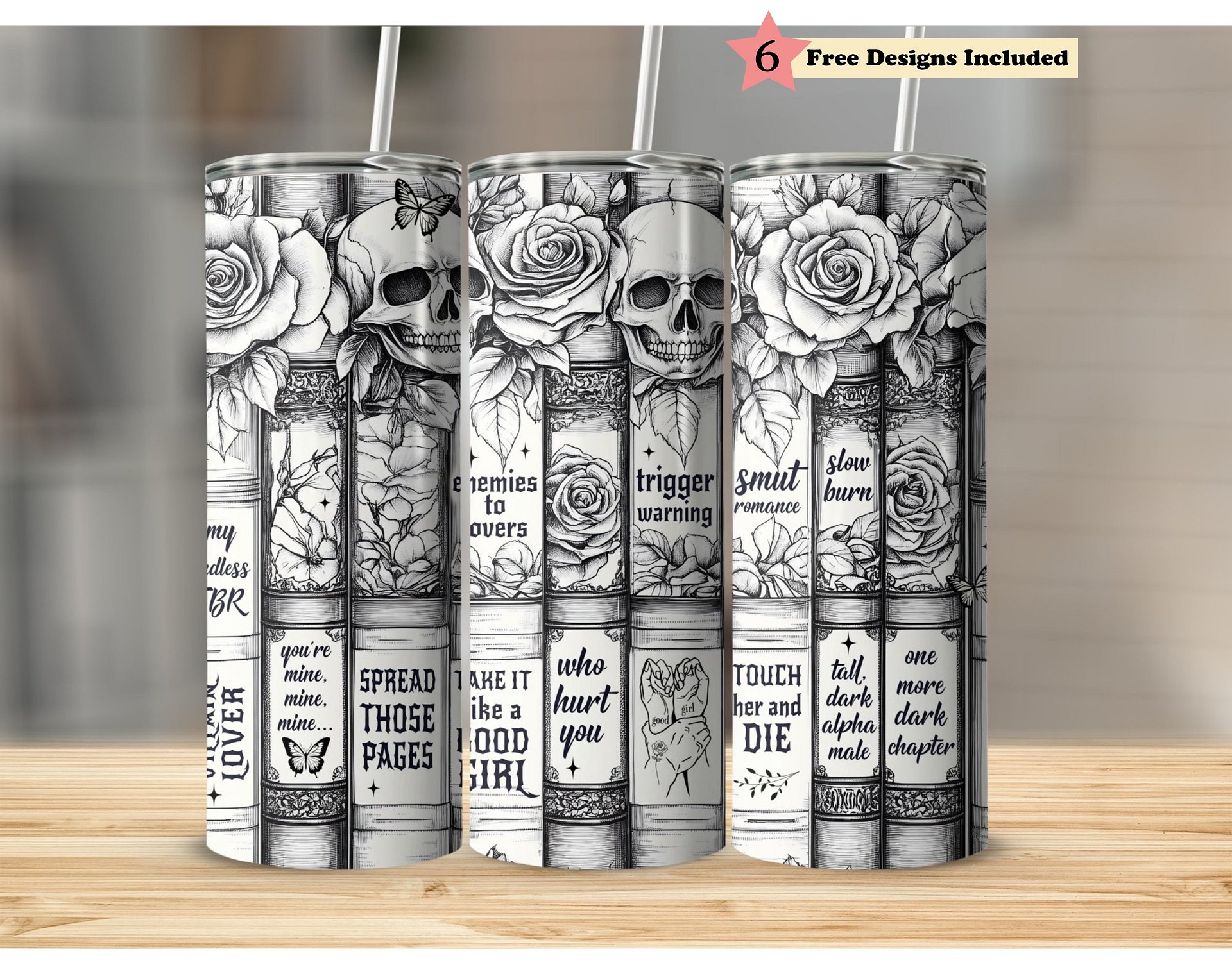 Dark Romance Skull Roses Vintage Smutty Book Lover Tropes 20oz Tumbler Full Wrap PNG, Seamless Sublimation Design, Digital Download product image (1)