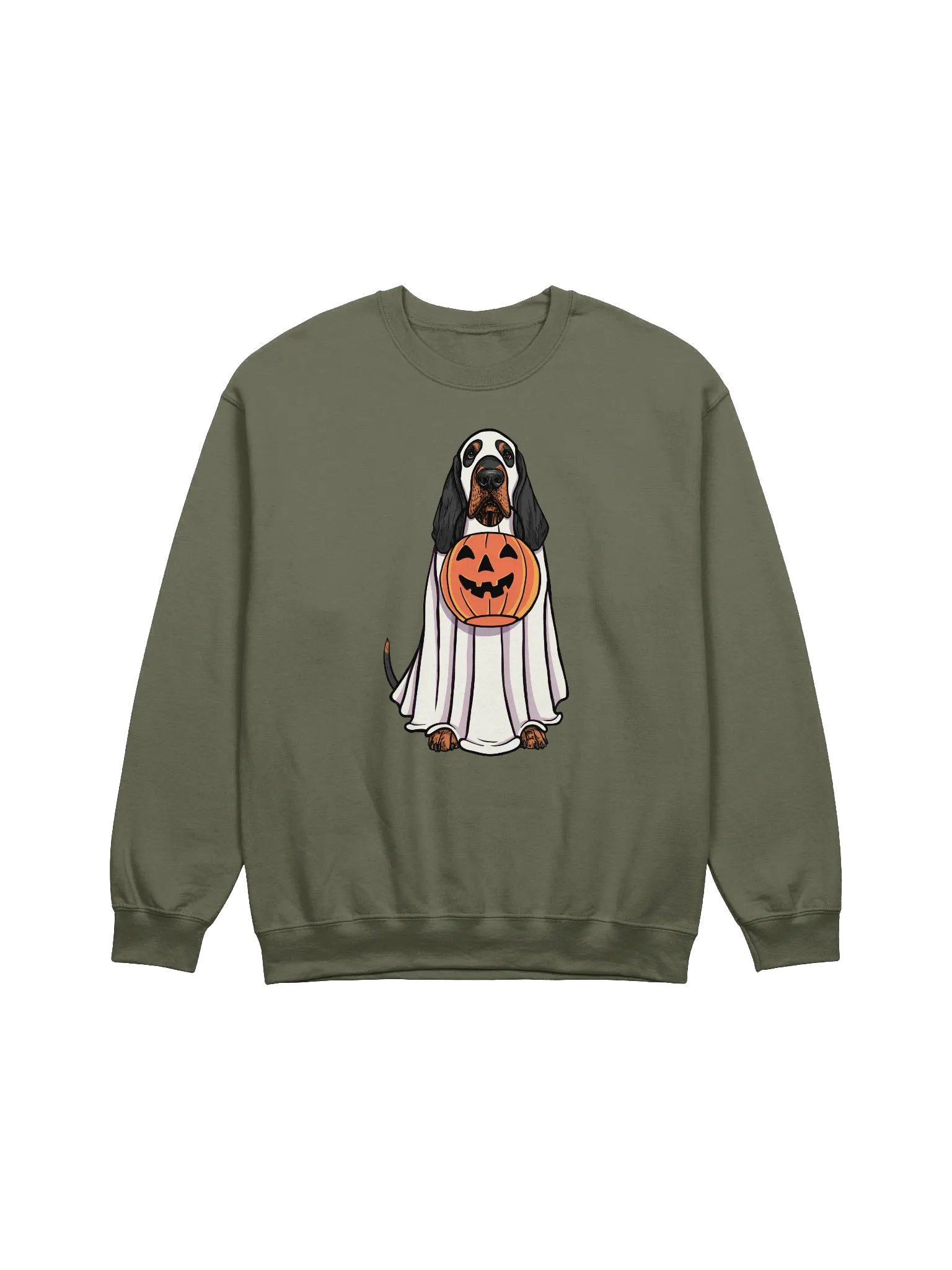Funny Halloween Bloodhound(Black & Tan) Sweatshirt | Funny Bloodhound Wearing a Ghost Costume and Holding a Pumpkin Basket product image (1)