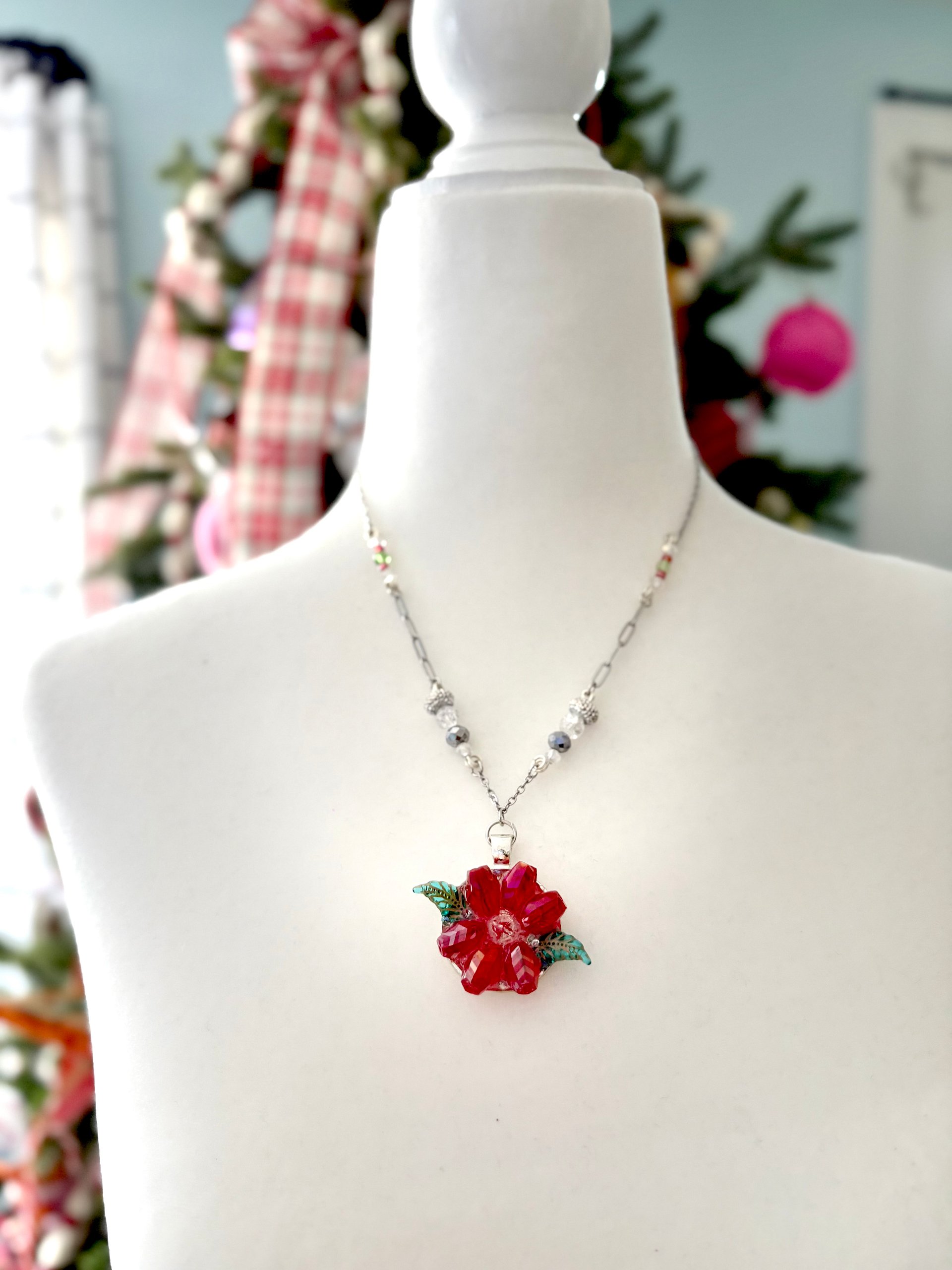 MFD-00282 | Poinsettia Pendant Necklace with Stainless Steel Cable Chain and Paperclip Chain | Handmade Jewelry by Monique Faella Designs™ product image (3)