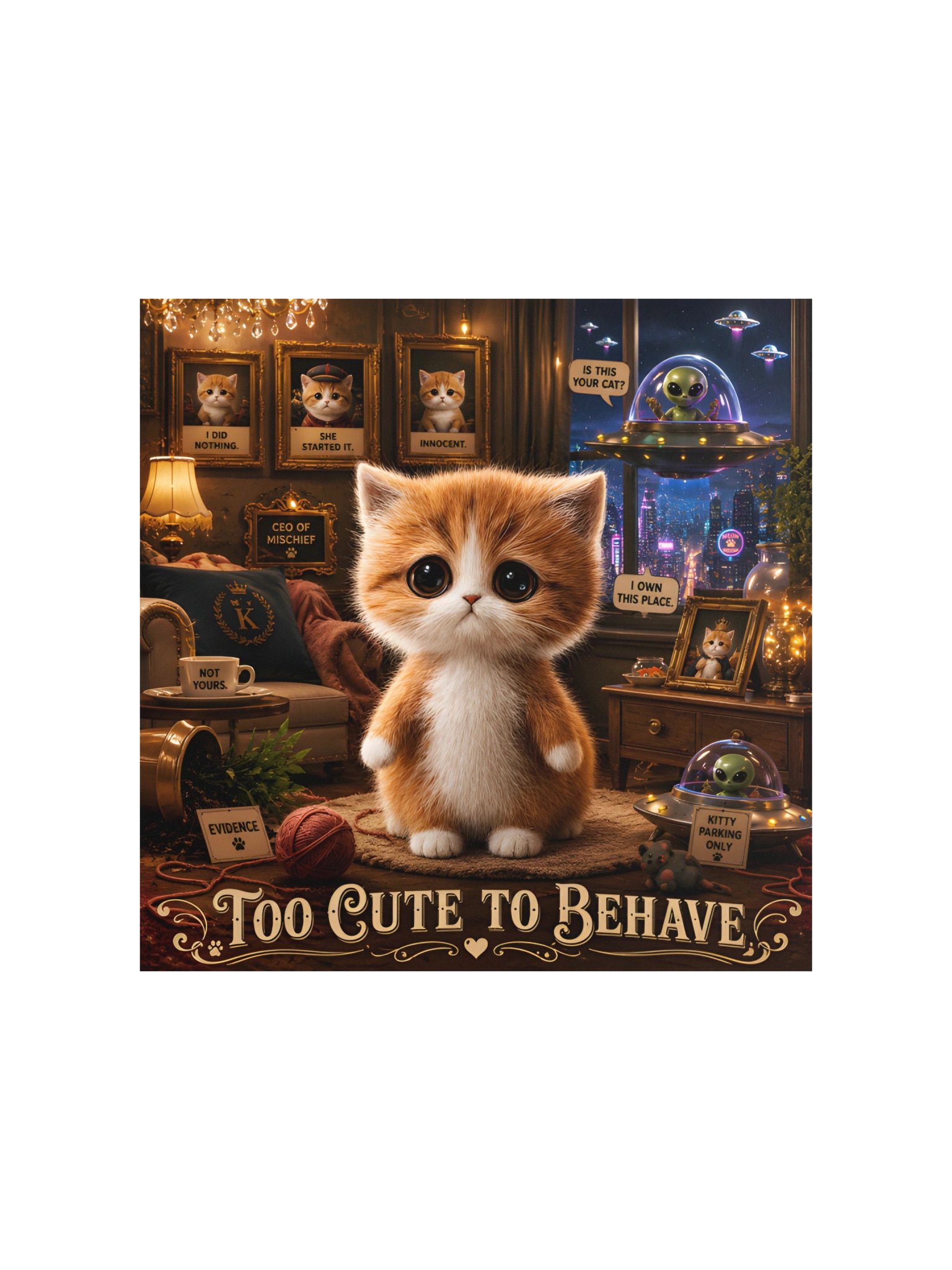 Too Cute to Behave Kitten Poster, Whimsical Cat Wall Art, Funny Cute Animal Room Decor Gift product image (3)