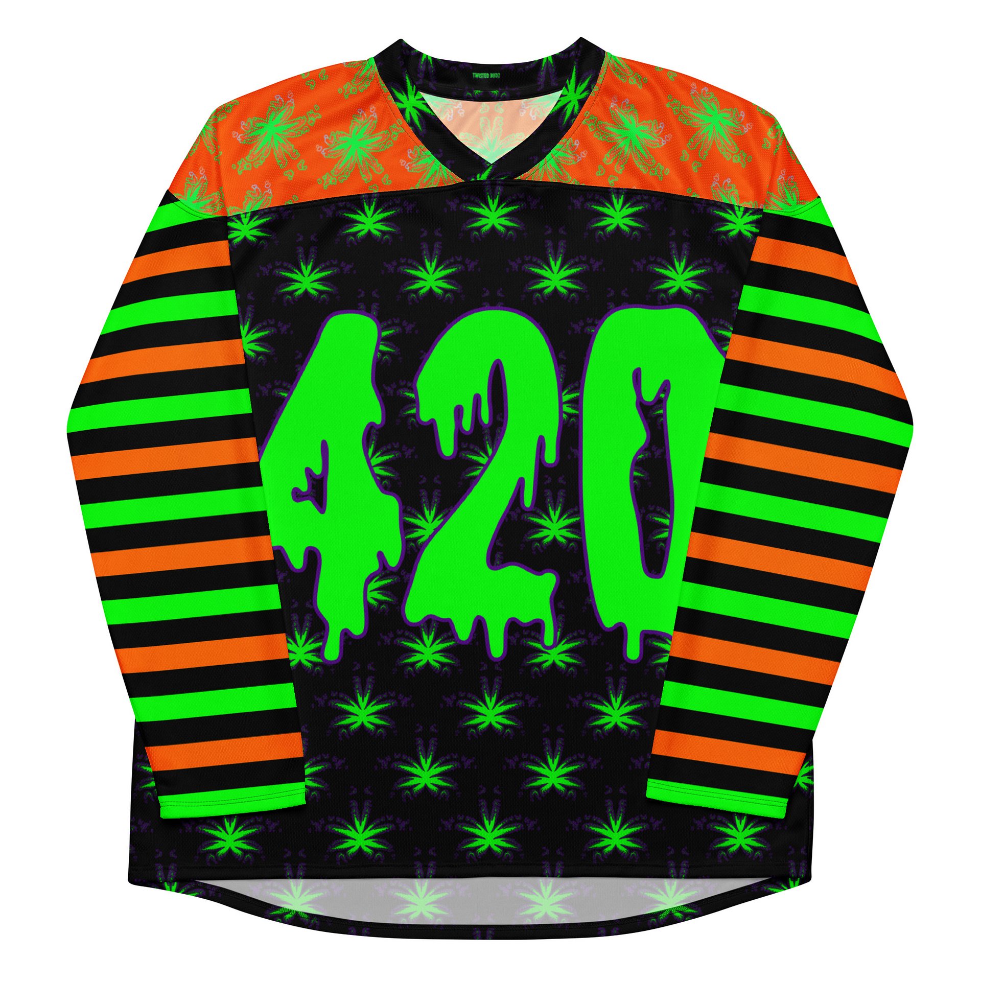 420 Halloween Hockey Jersey, Creepy Cannabis Clothes, Weed Leaf Fall Festival Fashion, Stoner Rave Stripe Shirt, Orange Black Green EDM Wear product image (7)