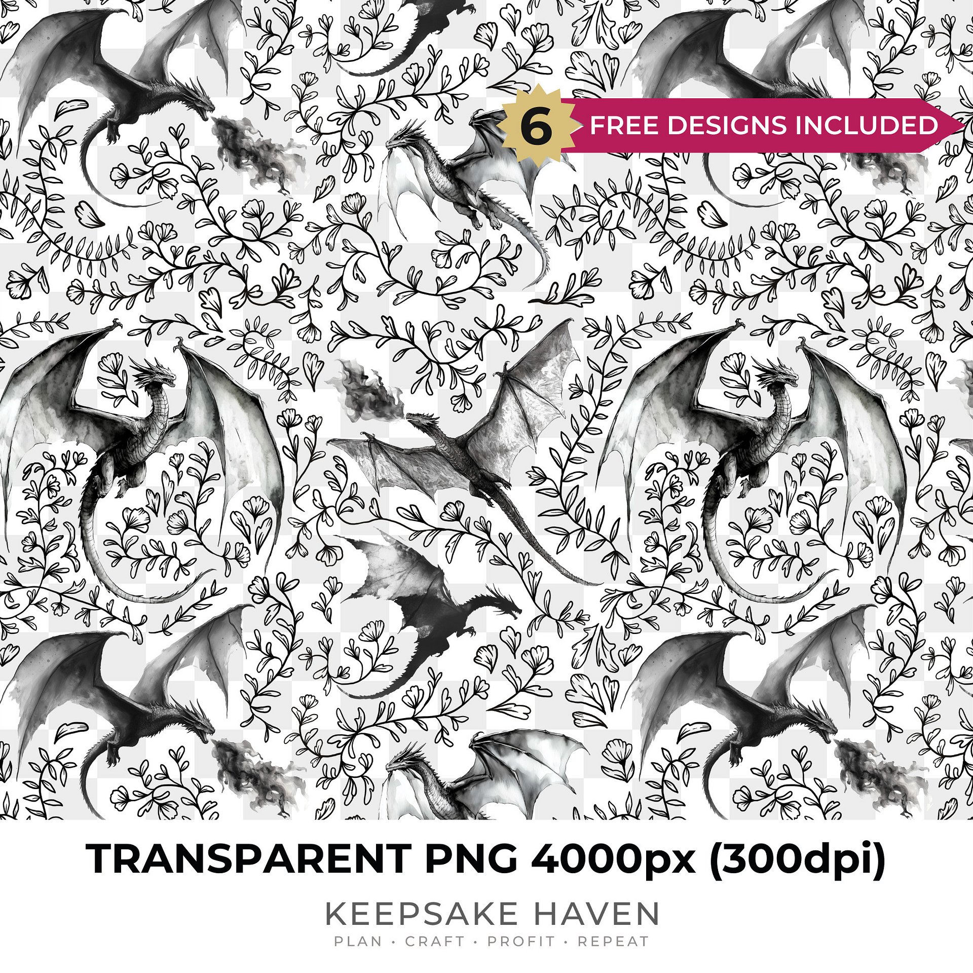 Dragon Pattern Digital Seamless Transparent PNG, Watercolor Ink Fantasy Dragons Flowers Wallpaper, Gift for Sister, Bestie, Digital Download product image (1)