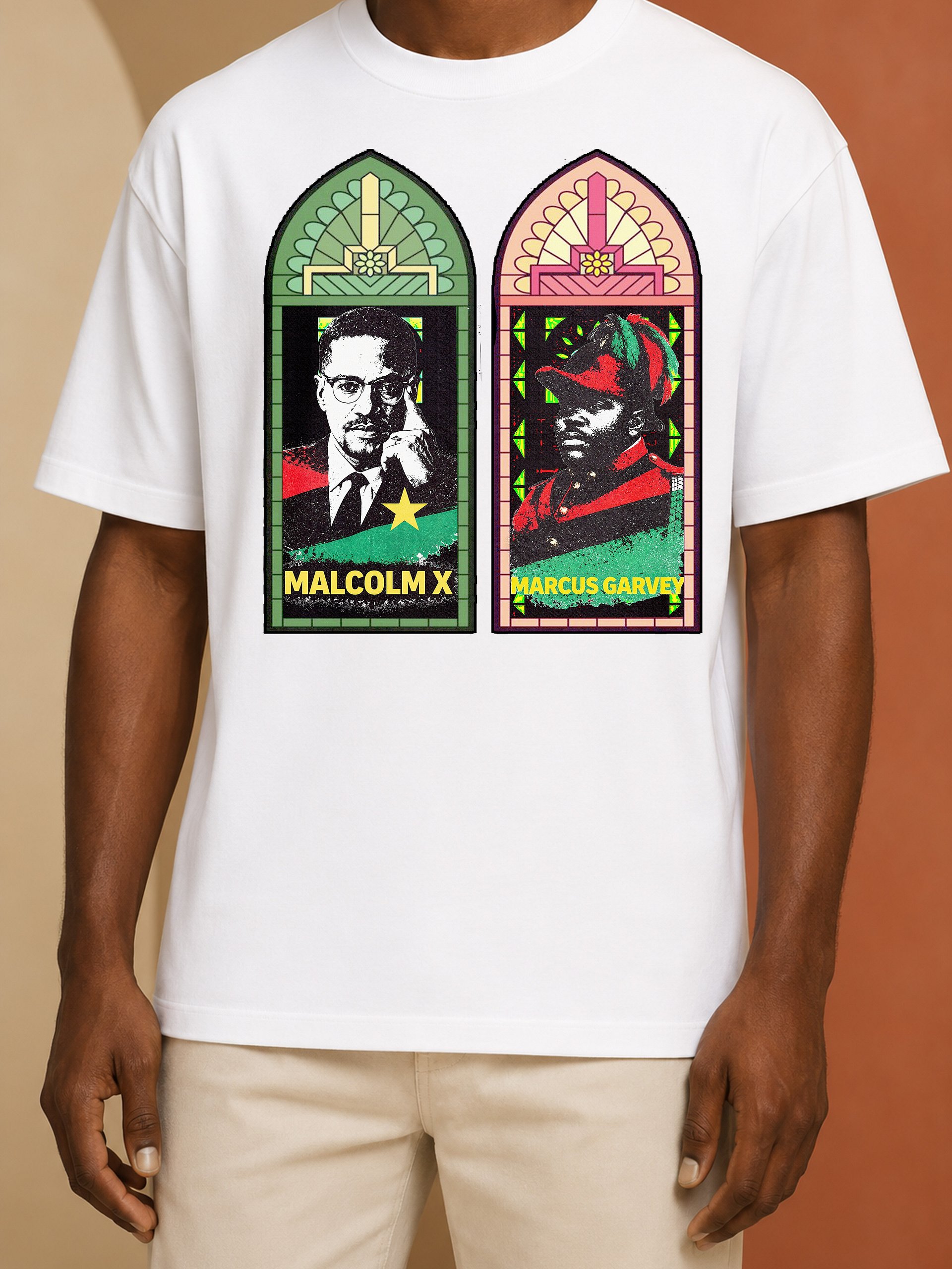 Malcolm X & Marcus Garvey Stained Glass Tee – Pan-African Cathedral Art | Black History Civil Rights T-Shirt product image (1)