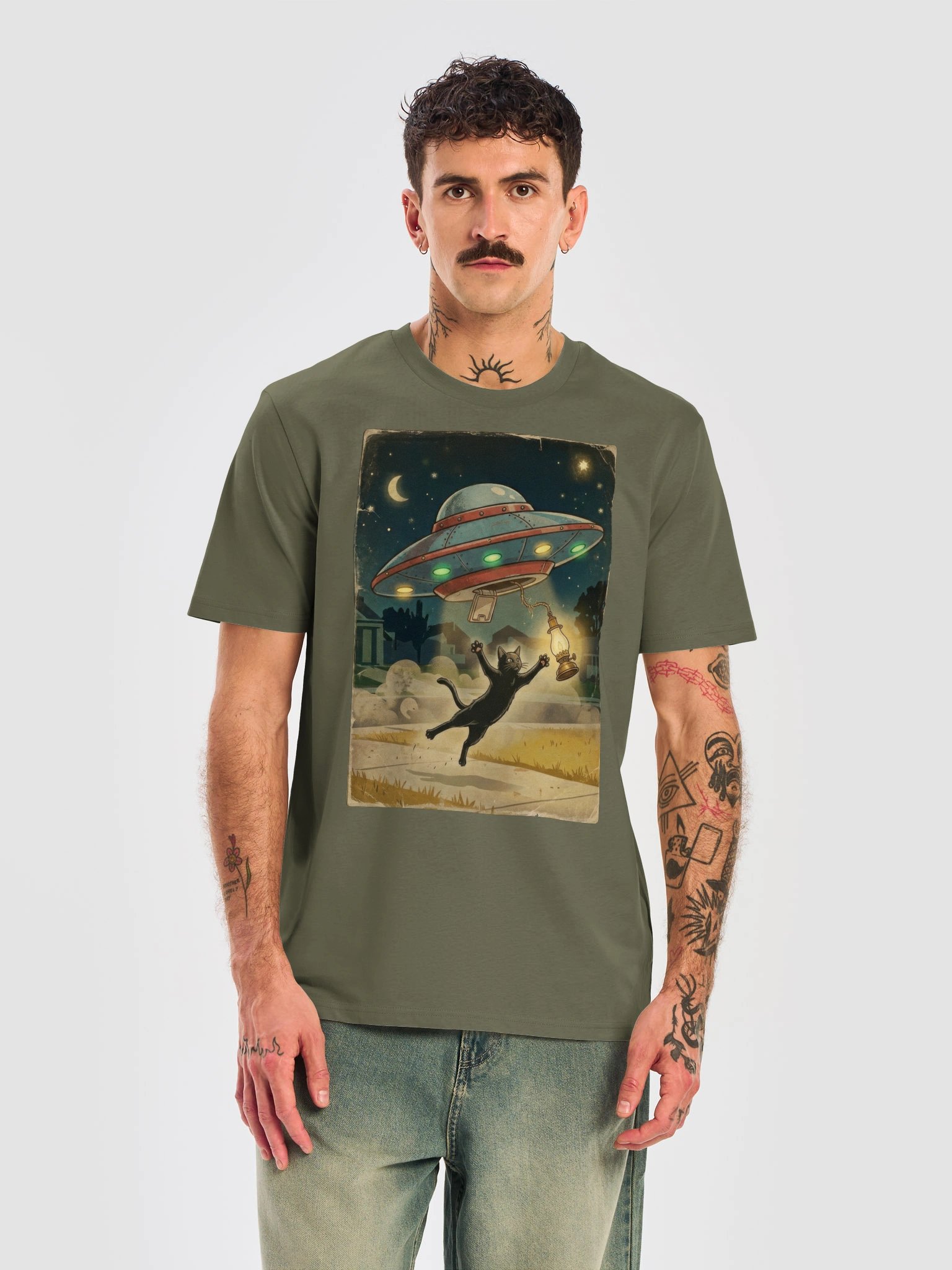 Alien Spaceship Black Cat T-shirt product image (4)