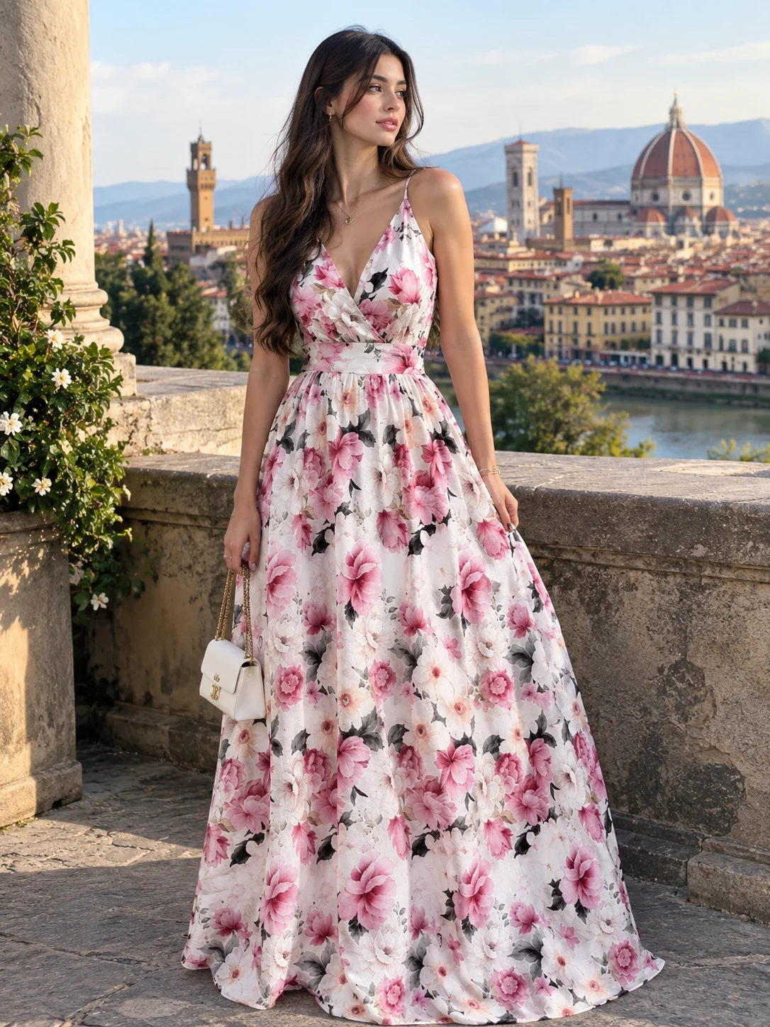 EMERY ROSE Women's V-Neck Floral Print Waist Cinched Long Sleeveless Dress product image (3)