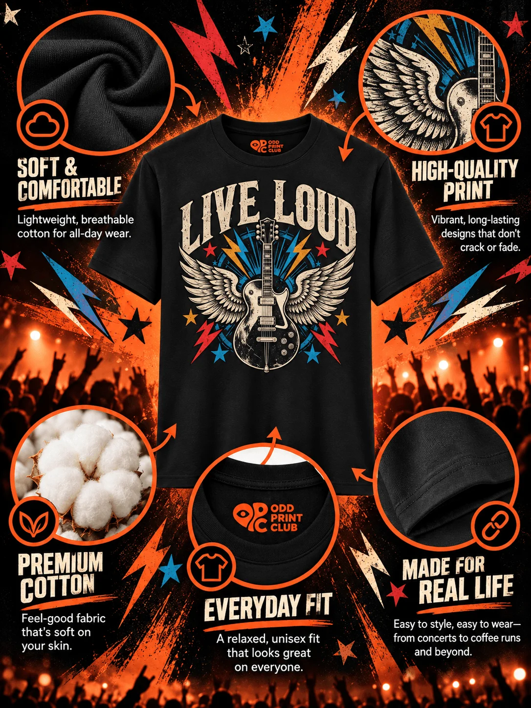 Live Loud Winged Guitar Concert & Rock Music T-Shirt product image (3)