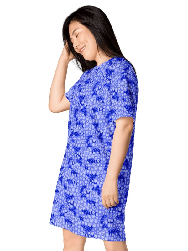 Periwinkle Blue Floral T-Shirt Dress | Coastal Botanical Summer Dress | Relaxed Fit Casual Blue Dress product image (3)