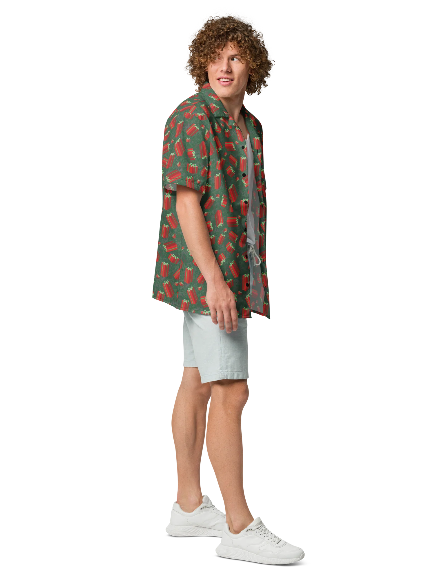 Floating Red Presents on Teal Green Oversized Button-Down Shirt product image (7)