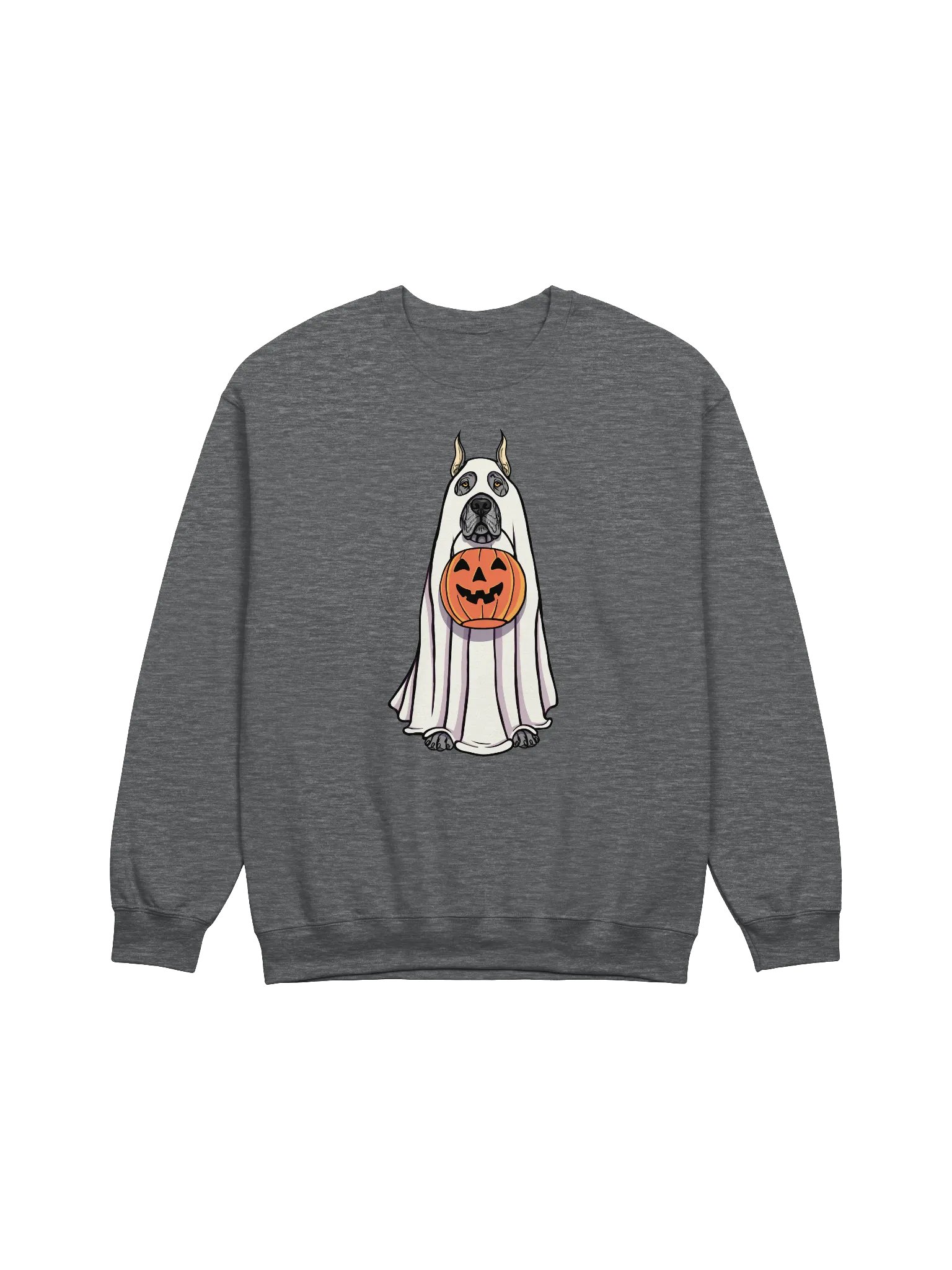 Funny Halloween Great Dane(Cropped Ears Gray) Sweatshirt | Funny Great Dane Wearing a Ghost Costume and Holding a Pumpkin Basket product image (1)