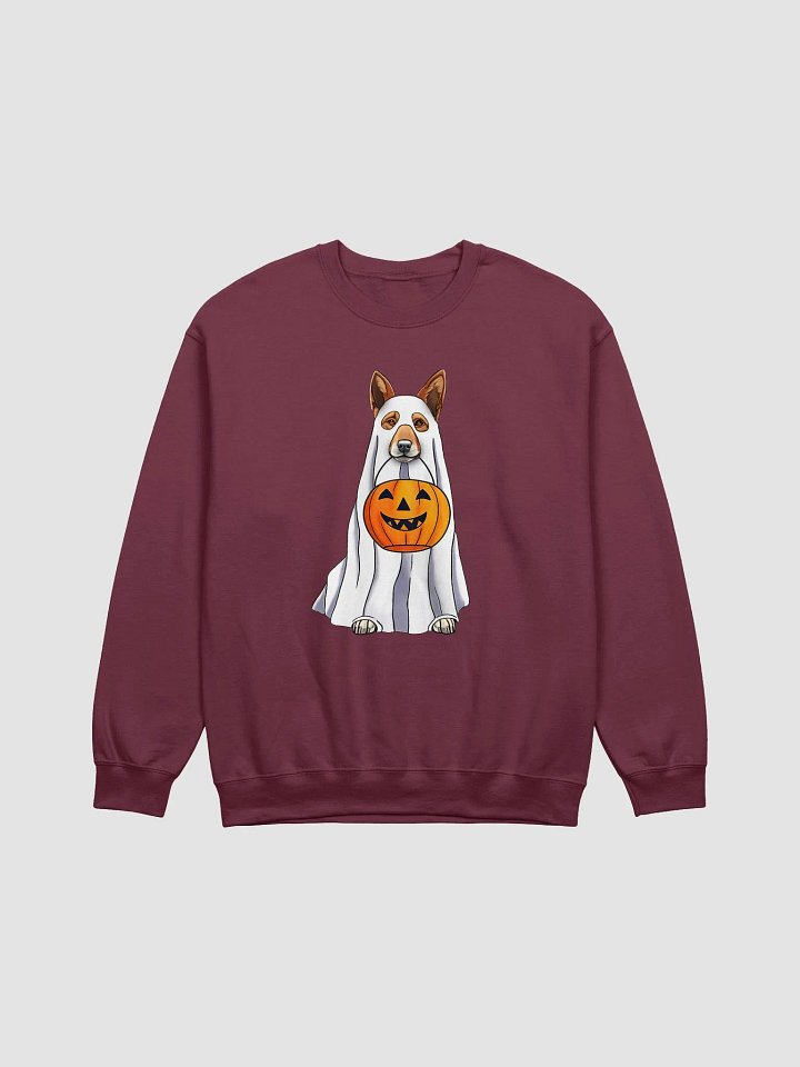 Australian Cattle Dog Halloween Sweatshirt | Funny Halloween Red Heeler Wearing a Ghost Costume with Pumpkin Basket product image (1)