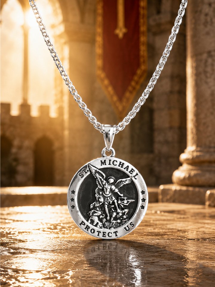 The Armored Kingdom Silver Saint Michael Divine Protector Pendant Necklace-Gift Jewelry product image (1)