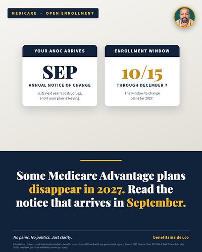 Some Medicare Advantage Plans Won't Return in 2027 — Watch for Your September Notice.

Every fall, some Medicare Advantage an...