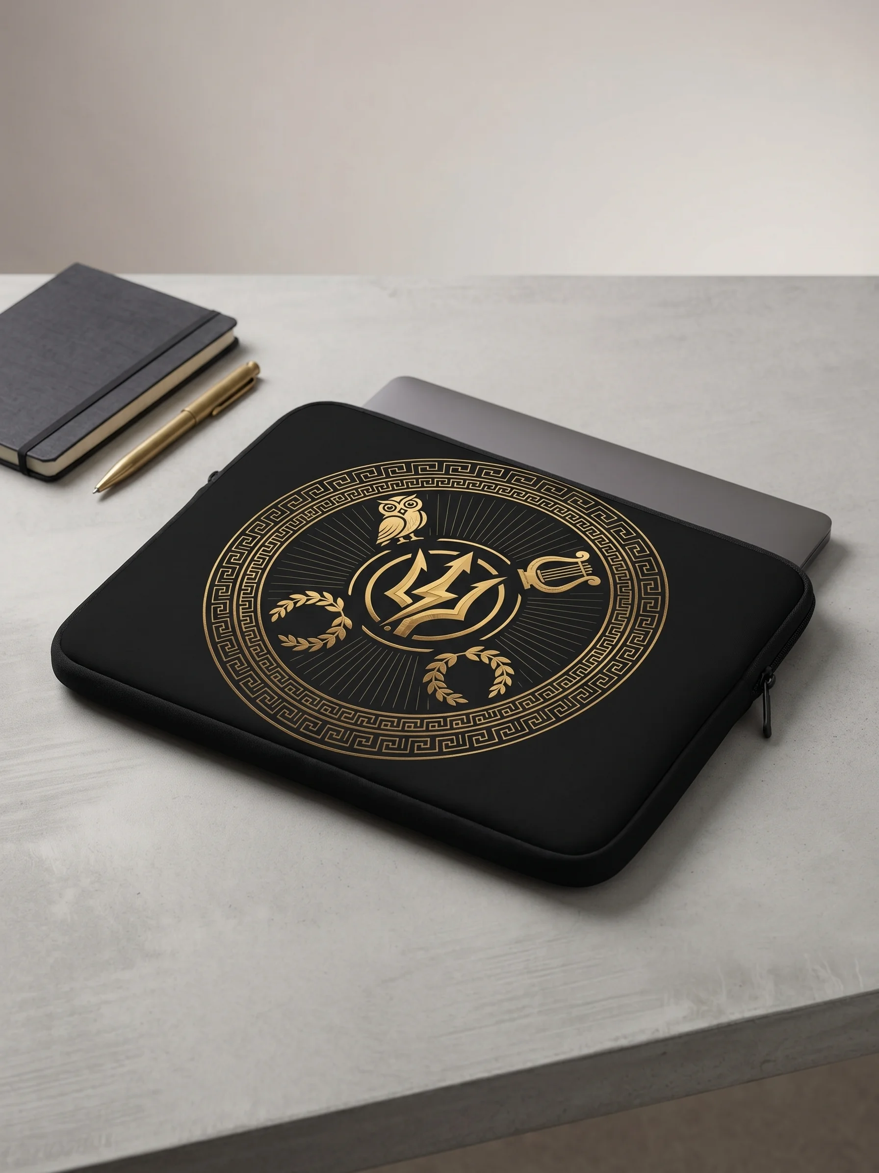 Greek Mythology Trident & Lightning Laptop Sleeve – Gold Medallion Design product image (1)
