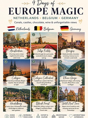 From Amsterdam’s canals and tulips to the fairytale medieval streets of Bruges, the towering Cologne Cathedral, a scenic Rhin...