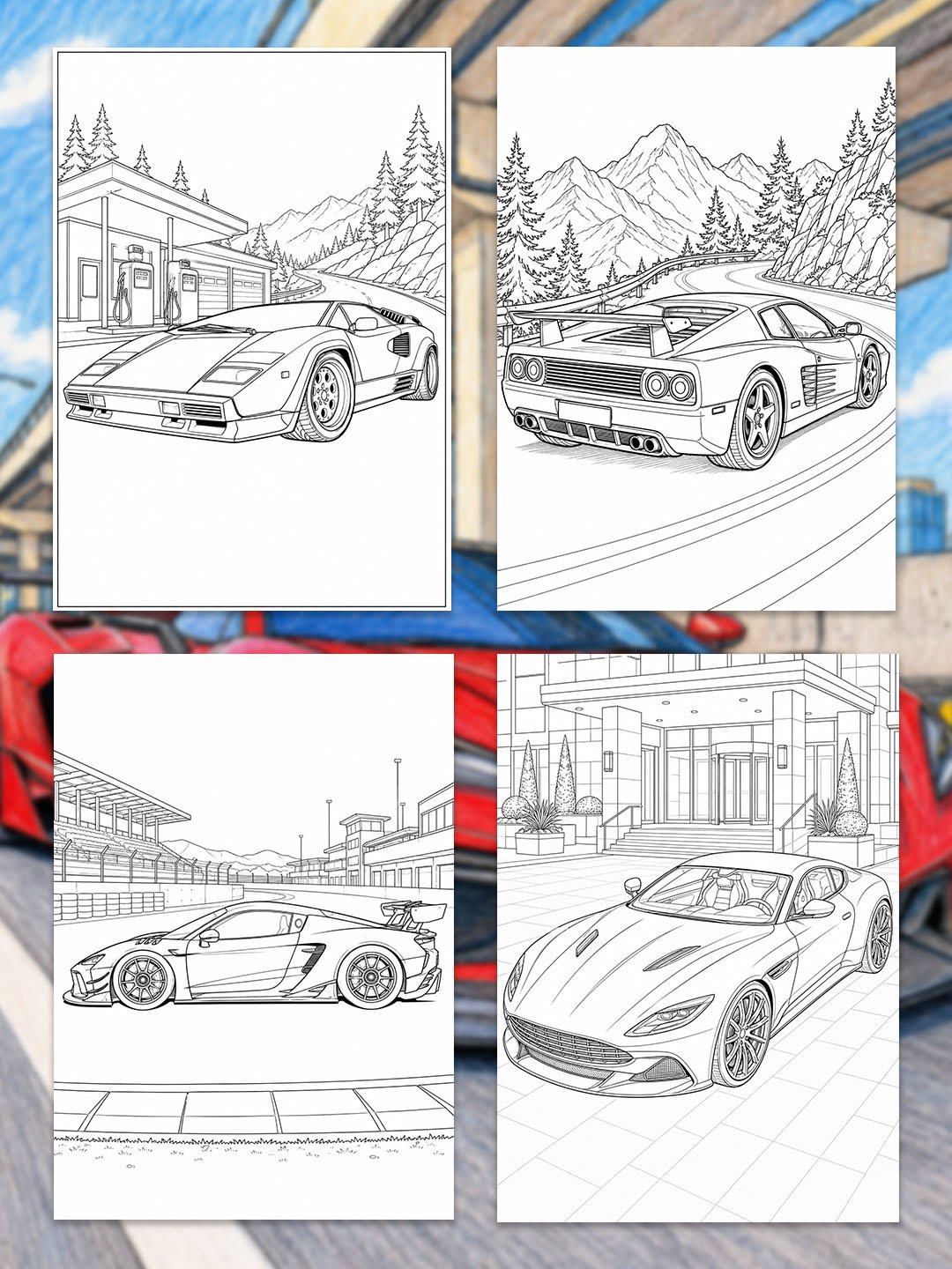 Supercar Coloring Pages Printable | 20 Exotic Sports Car Designs | A3 Automotive Coloring Book PDF for Adults product image (5)