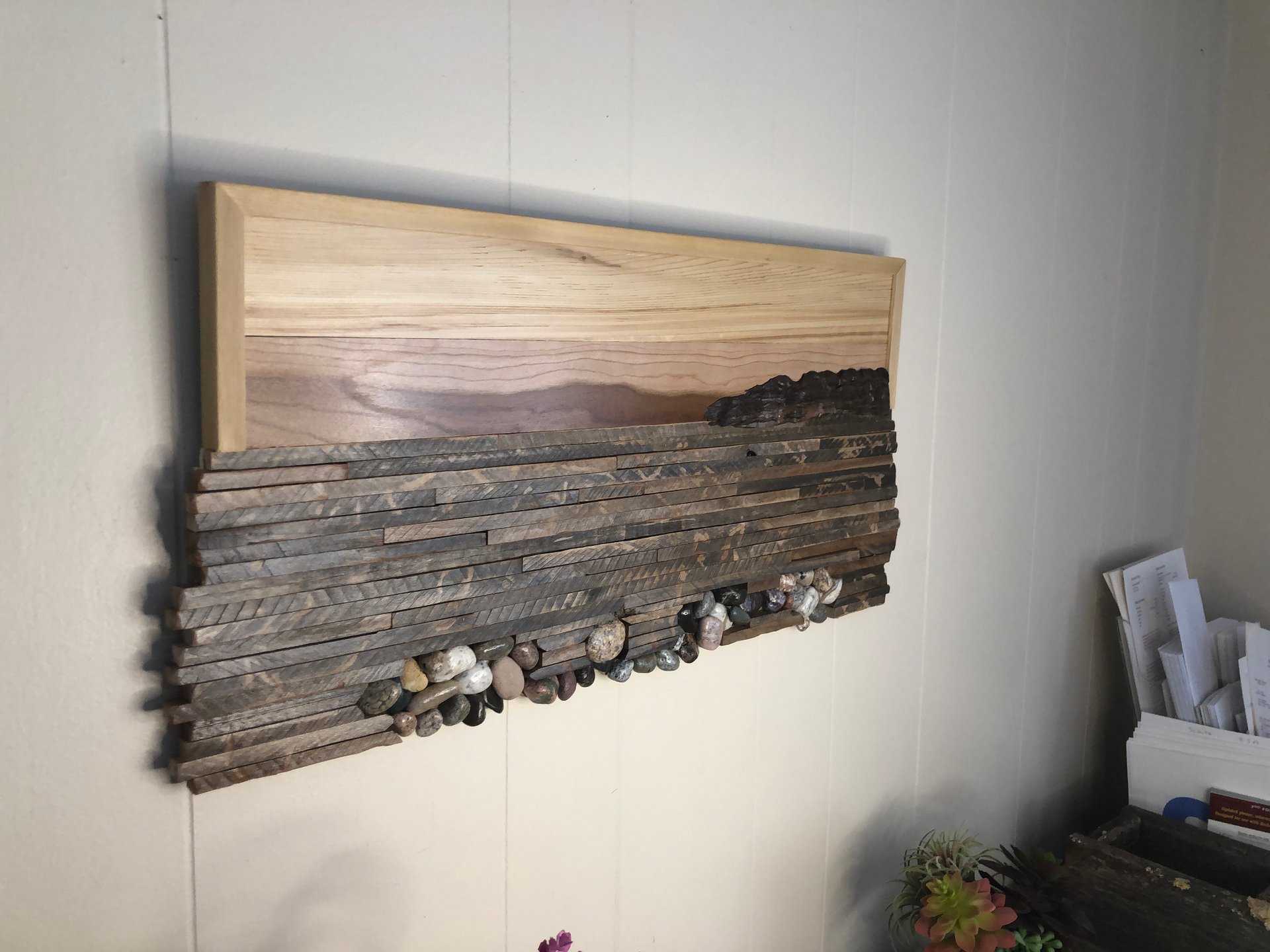 OOAK- Abstract Landscape in cedar, cherry, reclaimed pallet boards, and Lake Superior rocks 25" wide x 12" high product image (2)