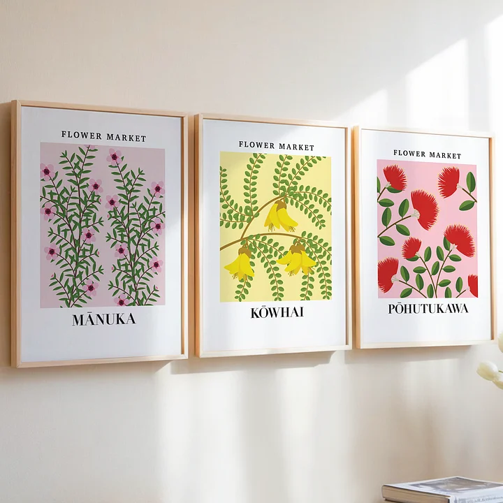 New Zealand Flower Market Wall Art - Pohutukawa Kowhai Manuka Flowers - Framed product image (1)