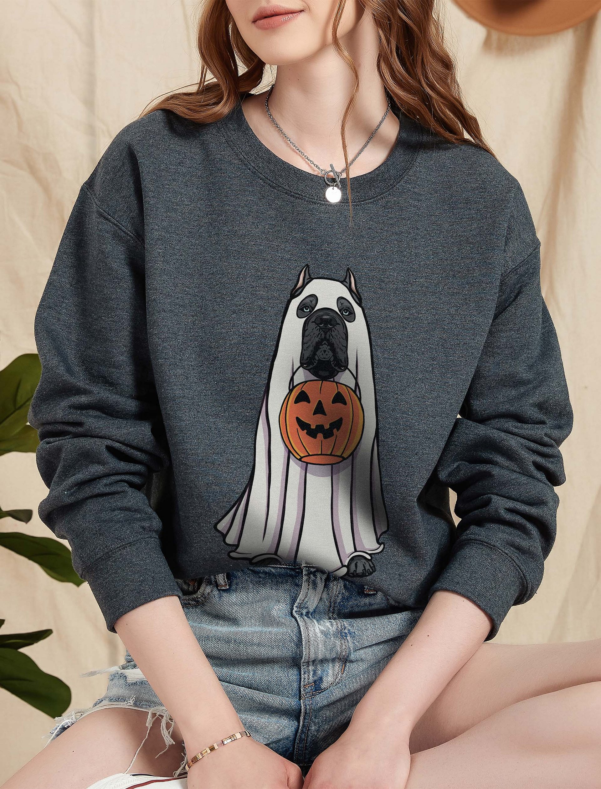 Funny Halloween Cane Corso(Blue) Sweatshirt | Funny Cane Corso Wearing a Ghost Costume and Holding a Pumpkin Basket product image (2)