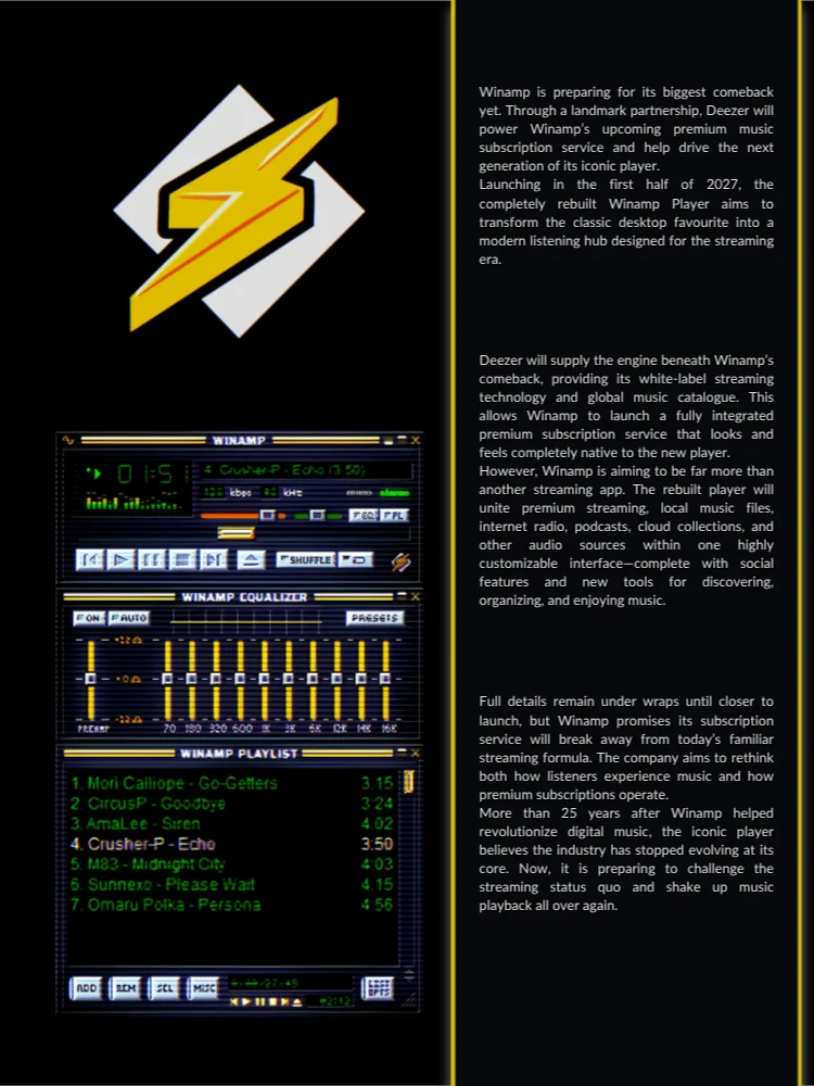 A sample page from CIMMagazine Volume 1 featuring the Winamp logo, classic player interface and an article.