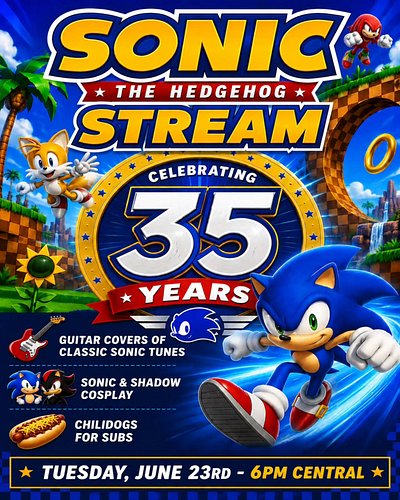 In 2 weeks, Sonic turns 35!

So we're celebrating with a theme stream filled with guitar covers of classic Sonic tunes, cospl...