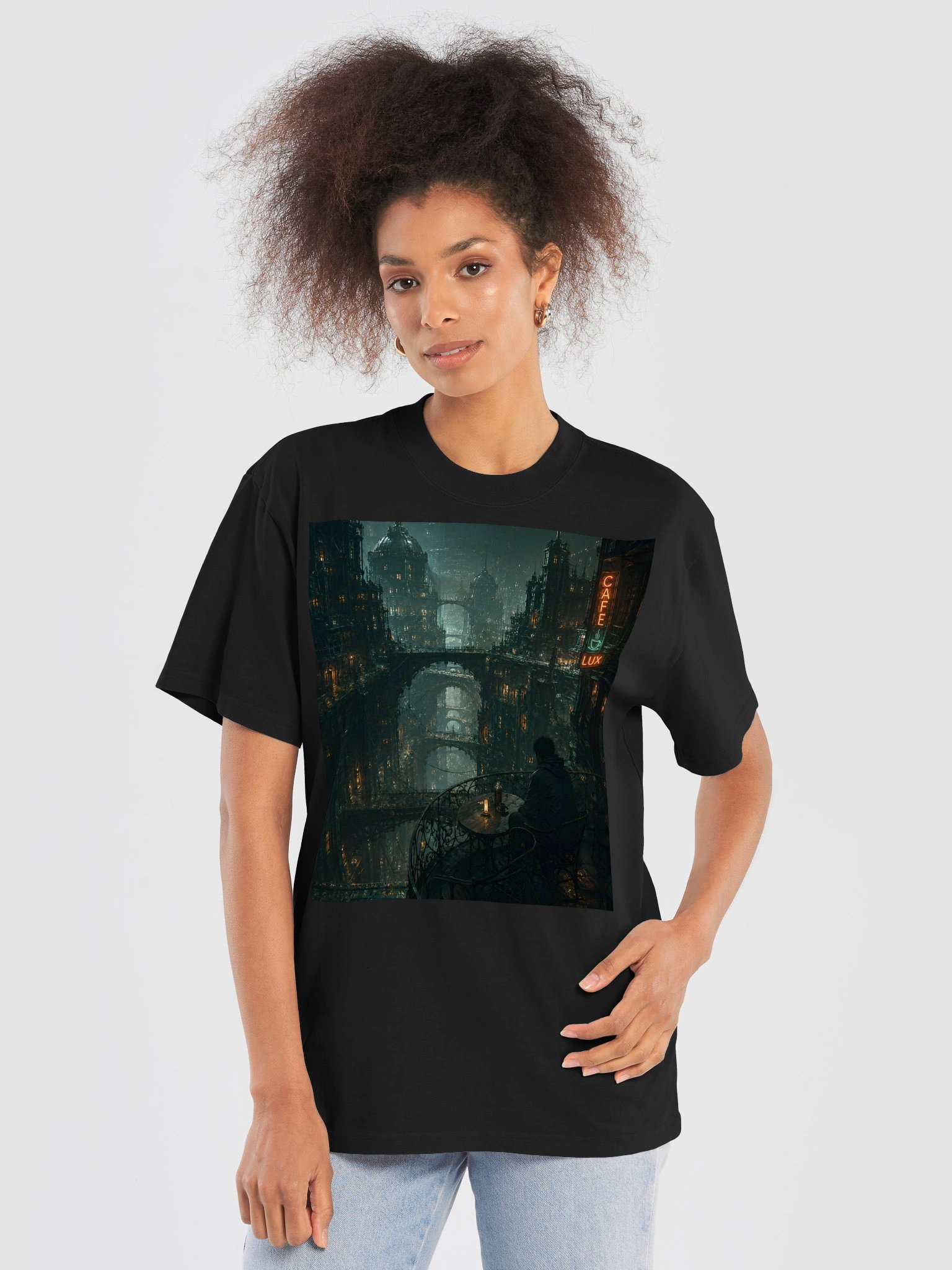 Cyberpunk City Café at Night Wall Art | Dark Academia Gothic City Digital product image (6)