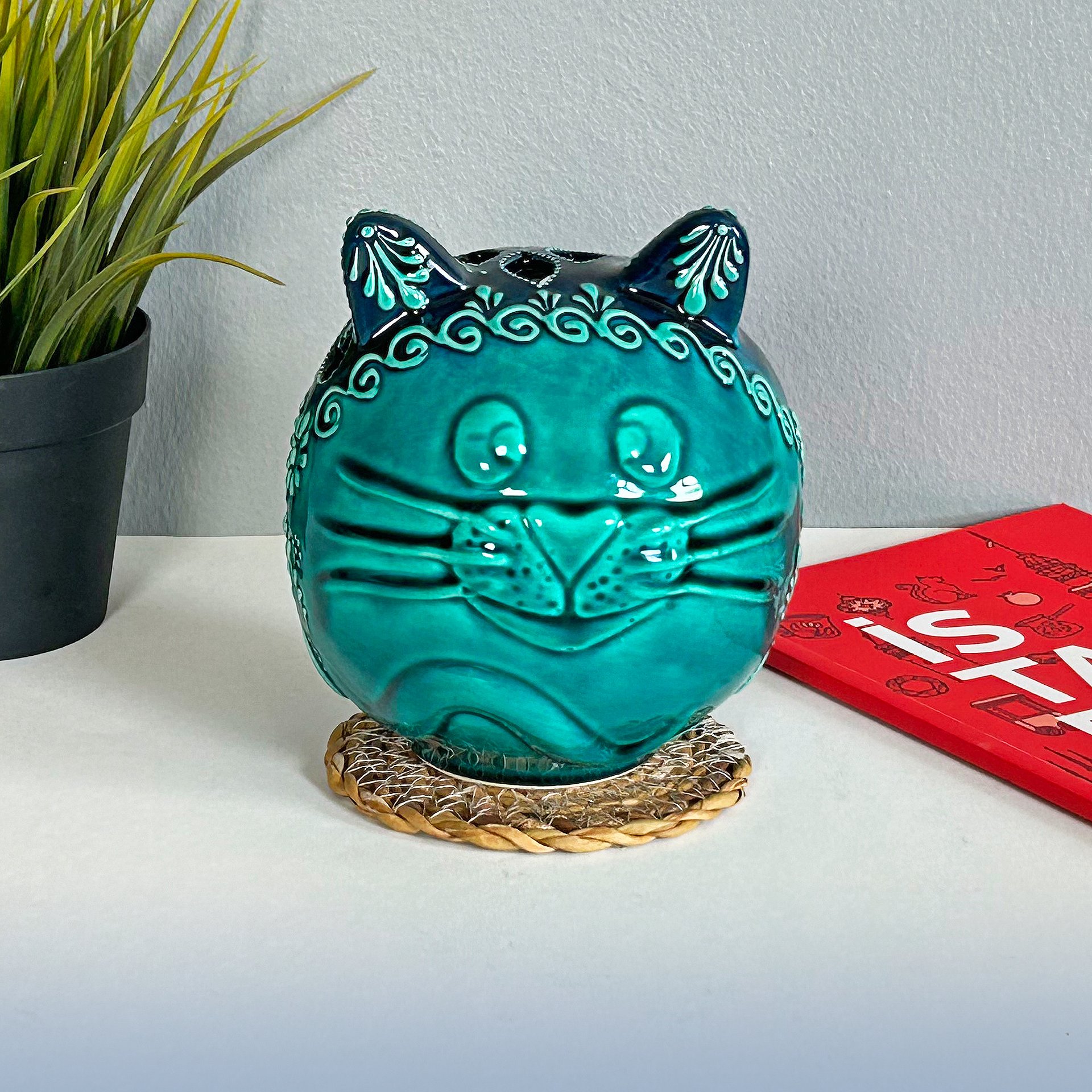 Ceramic cat, Turkish Totoro, turquoise candle holder — handmade pottery, handmade ceramic, home decor, handmade gift, Turkish ceramic product image (3)