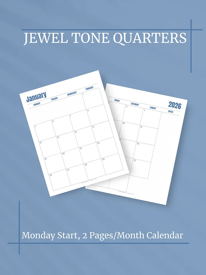 Jewel Tone Quarters 2026 Calendar - 2 Pages per Month, Monday Start, Letter Size product image (1)