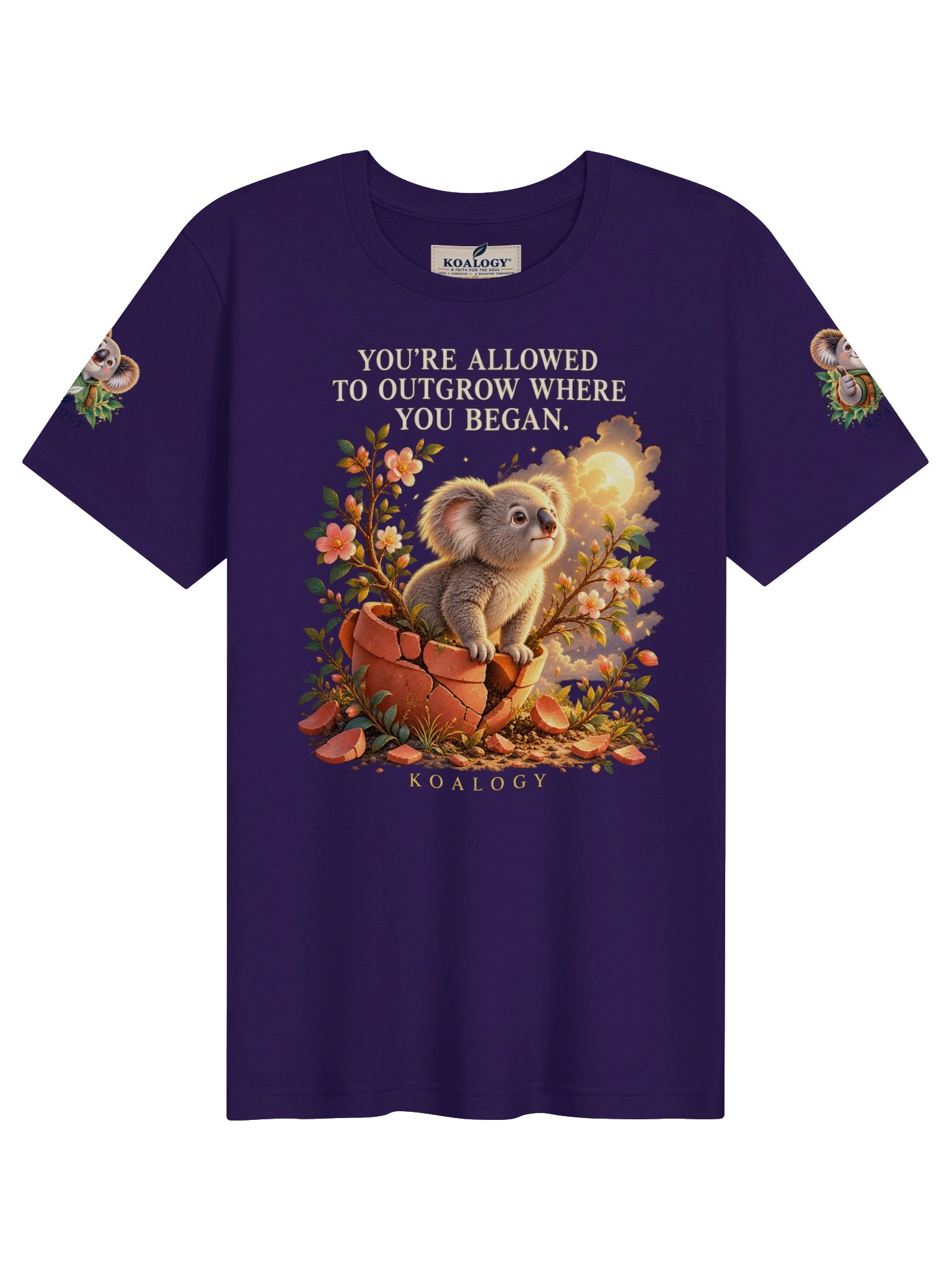 Purple Room to Grow tee with a koala emerging from a terracotta pot