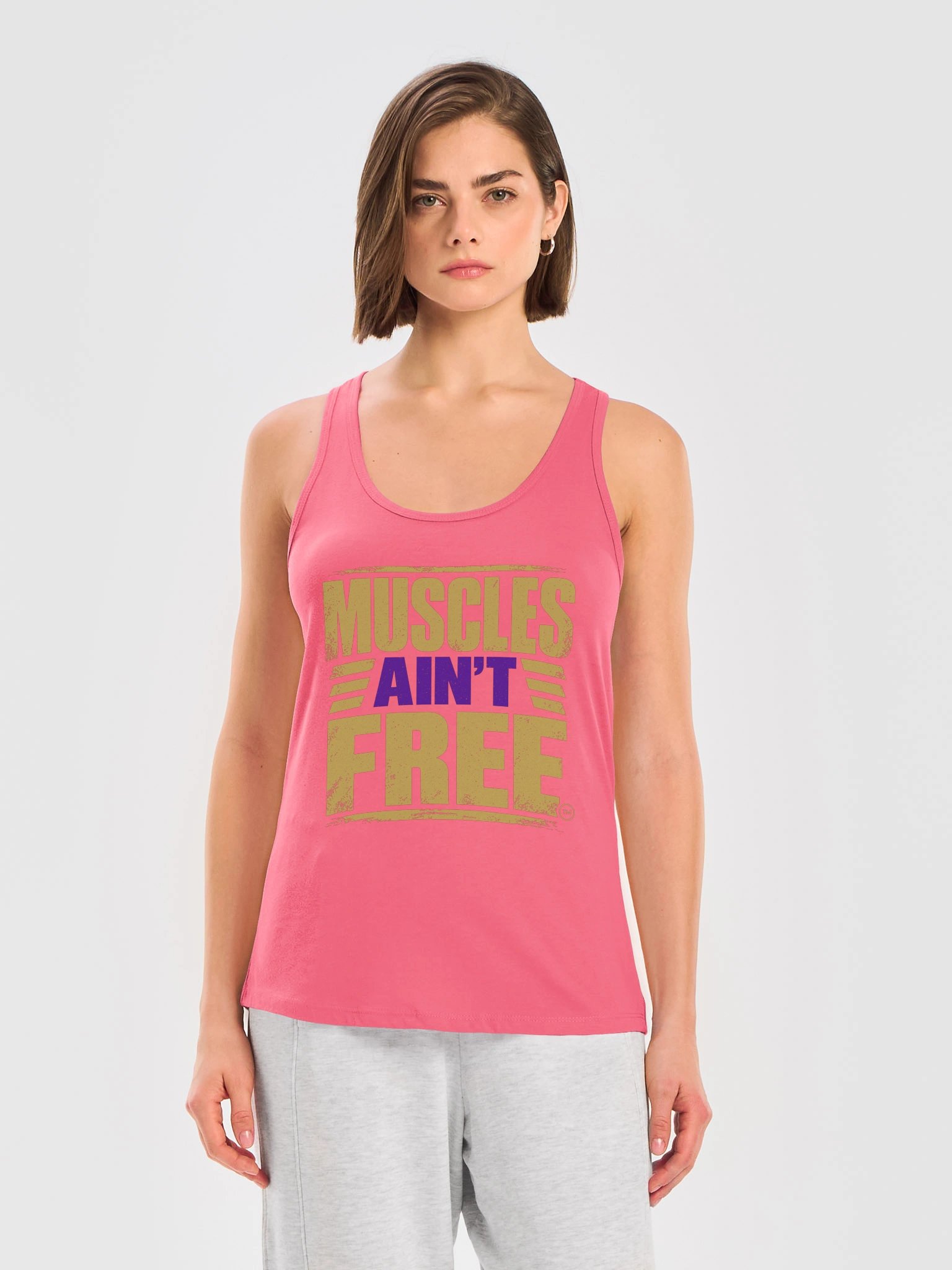 The "Muscles Ain't Free" Women's Royal Gold & Purple Racerback Tank product image (9)