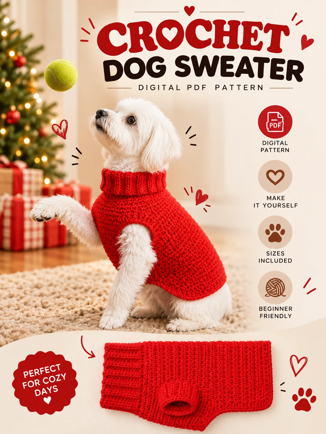 Crochet Dog Sweater PDF Pattern | Red Turtleneck Dog Coat | DIY Crochet Pattern for Small Dogs product image (1)