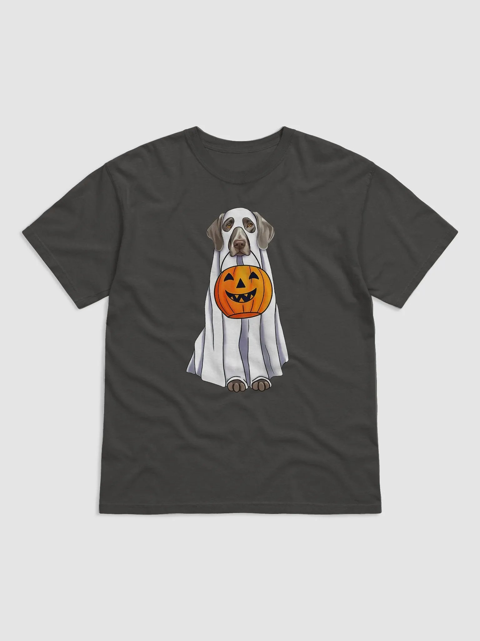Weimaraner Halloween Tee | Funny Fall and Halloween Weimaraner Wearing a Ghost Costume with Pumpkin Basket product image (1)