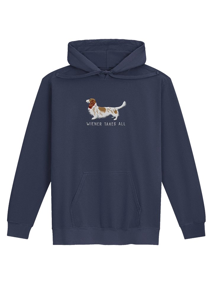 Wiener Takes All Premium Hoodie (Embroidered) of a Longhaired Dachshund(Pied Brown & White) product image (4)
